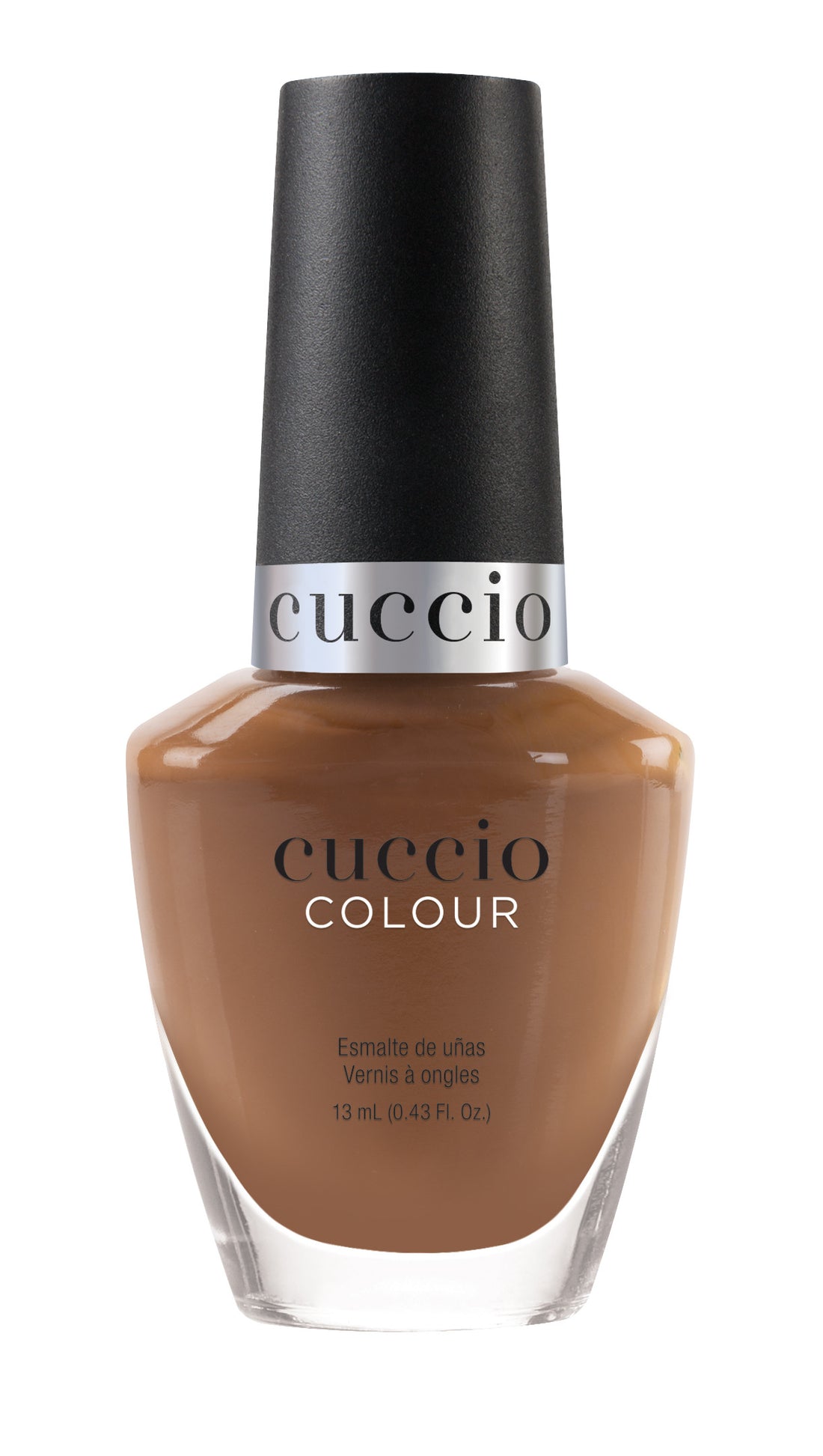 Cuccio Colour Caramel Kisses nail polish bottle with swatch showing warm caramel shade, part of Cuccio Colour nail polish collection.