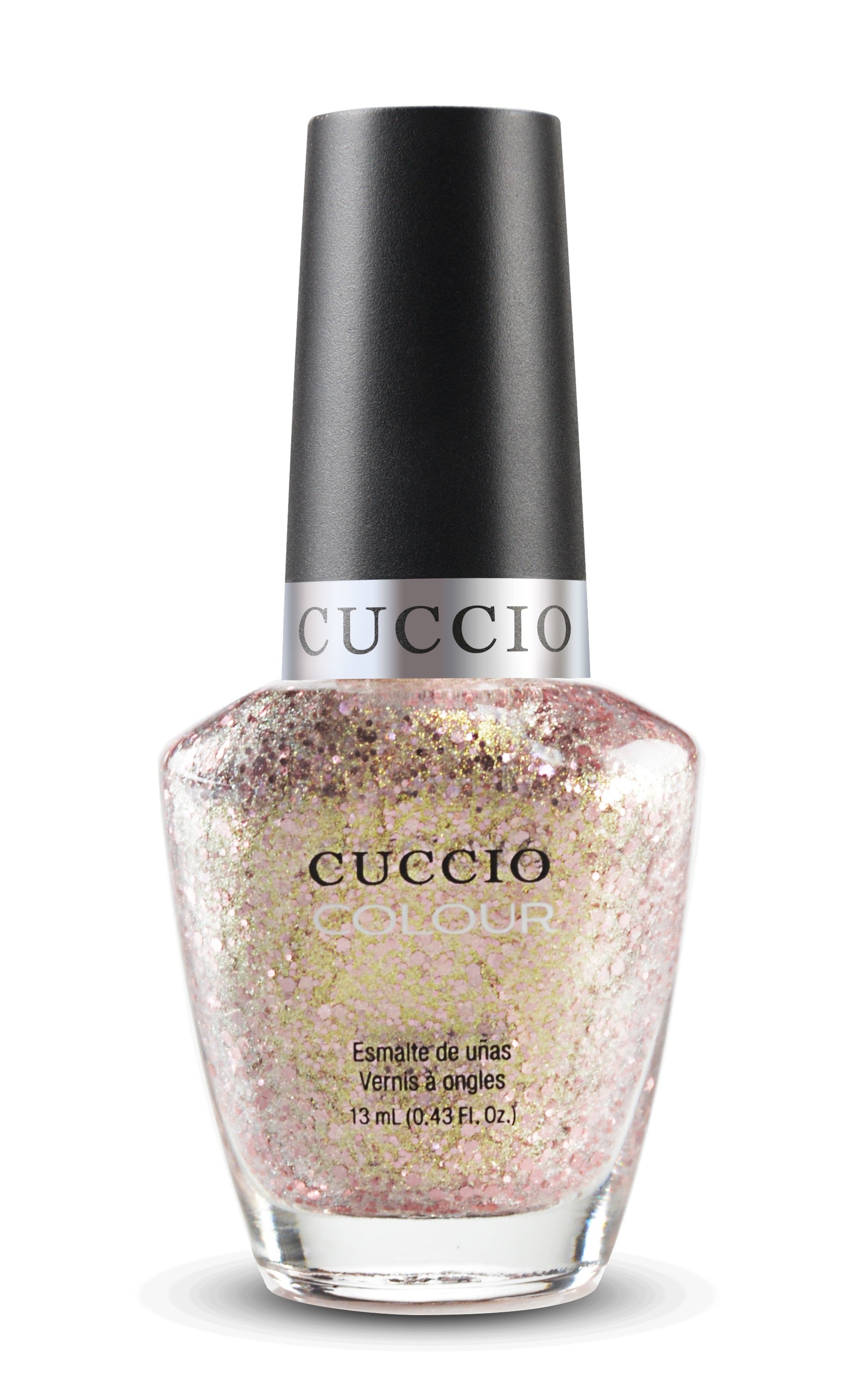 Cuccio Colour chemical attraction nail polish in vibrant shade, showcased on a nail polish bottle with colorful packaging.