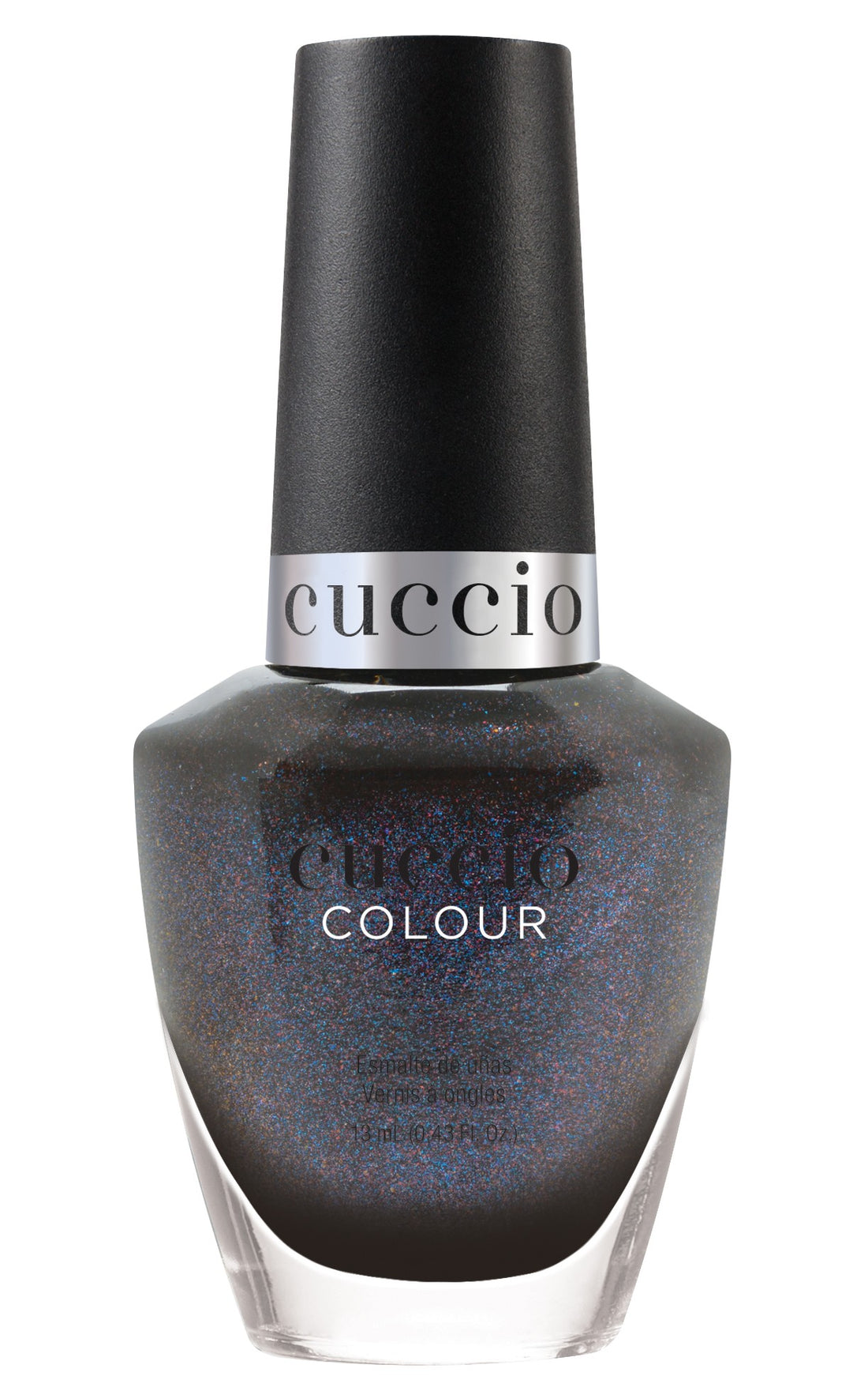 Cuccio Colour Cover Me Up! nail polish bottle from Cuccio Colour line, with a sleek black cap and colorful label.