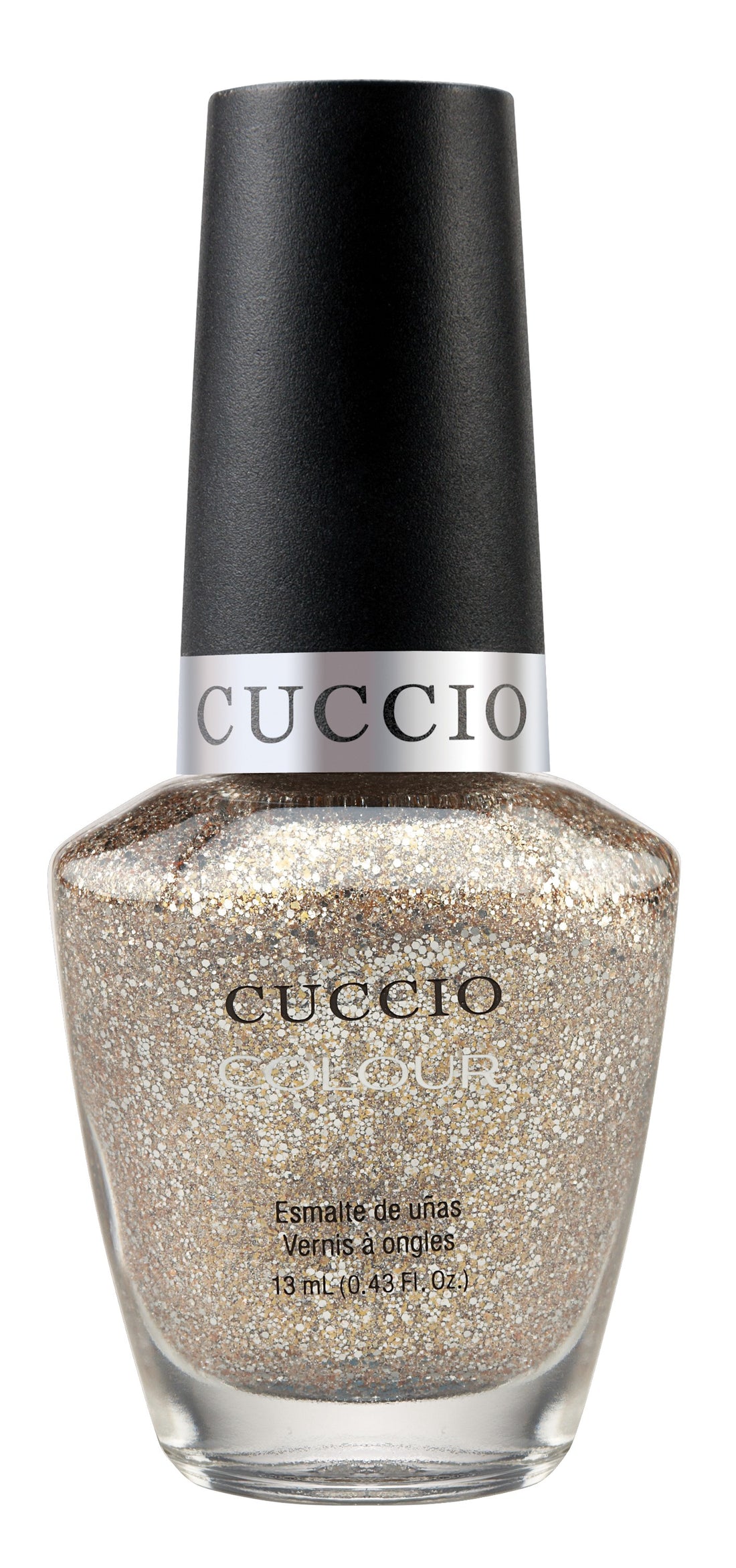 Cuccio Colour nail polishes in various shades, displayed in a set with colorful bottles and labels.