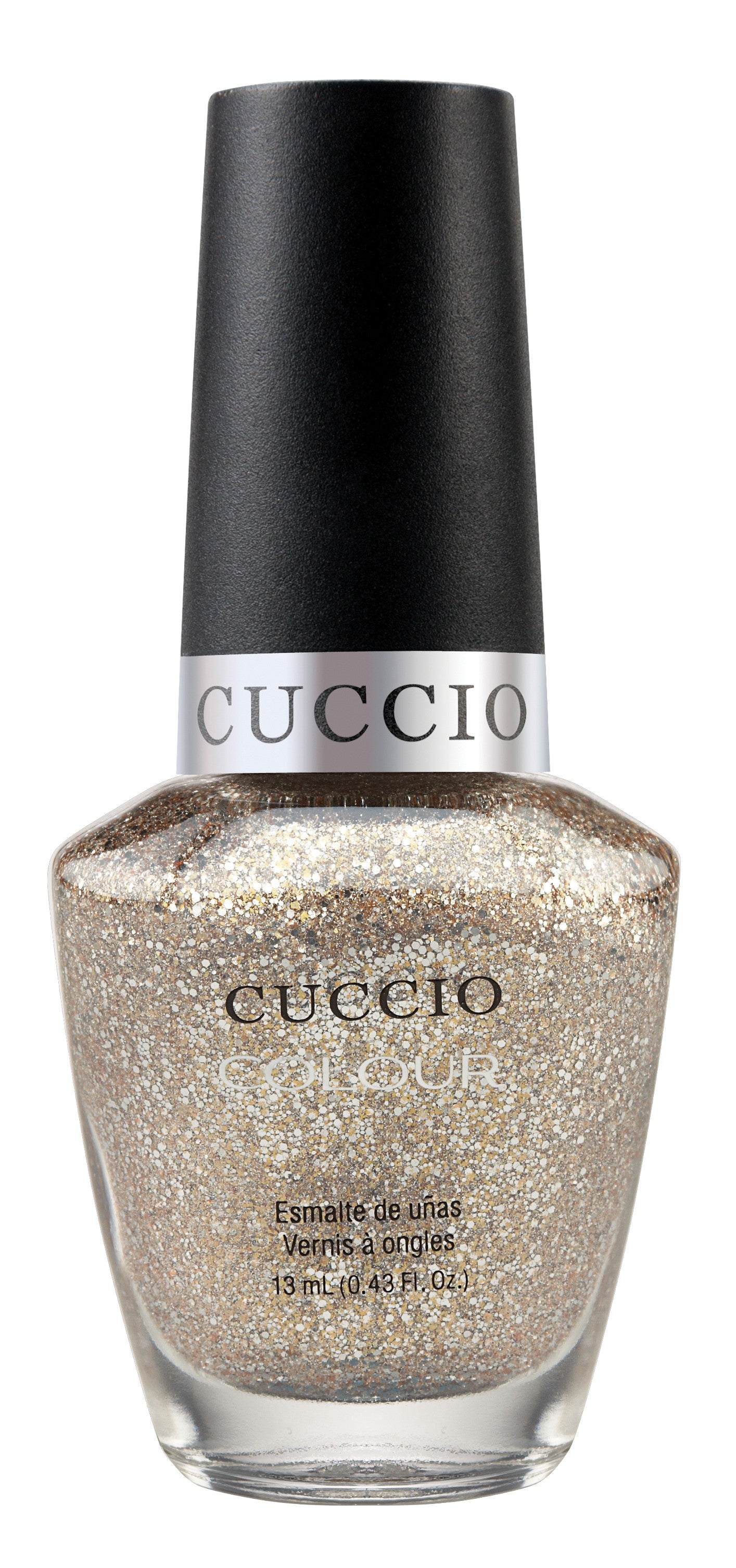 Cuccio Colour nail polishes in various shades, displayed in a set with colorful bottles and labels.
