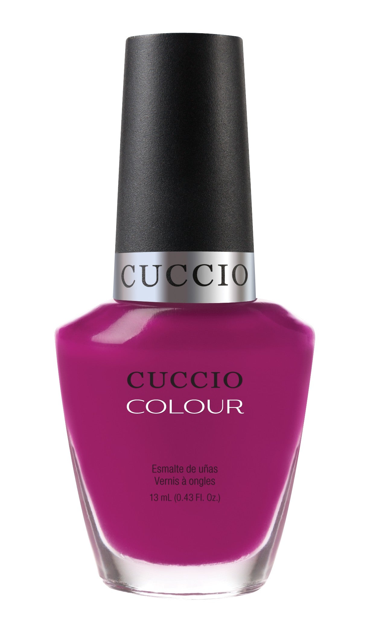 Cuccio Colour Eye Candy Miami nail polish bottle in vibrant pink and purple shades, displayed on a white background.