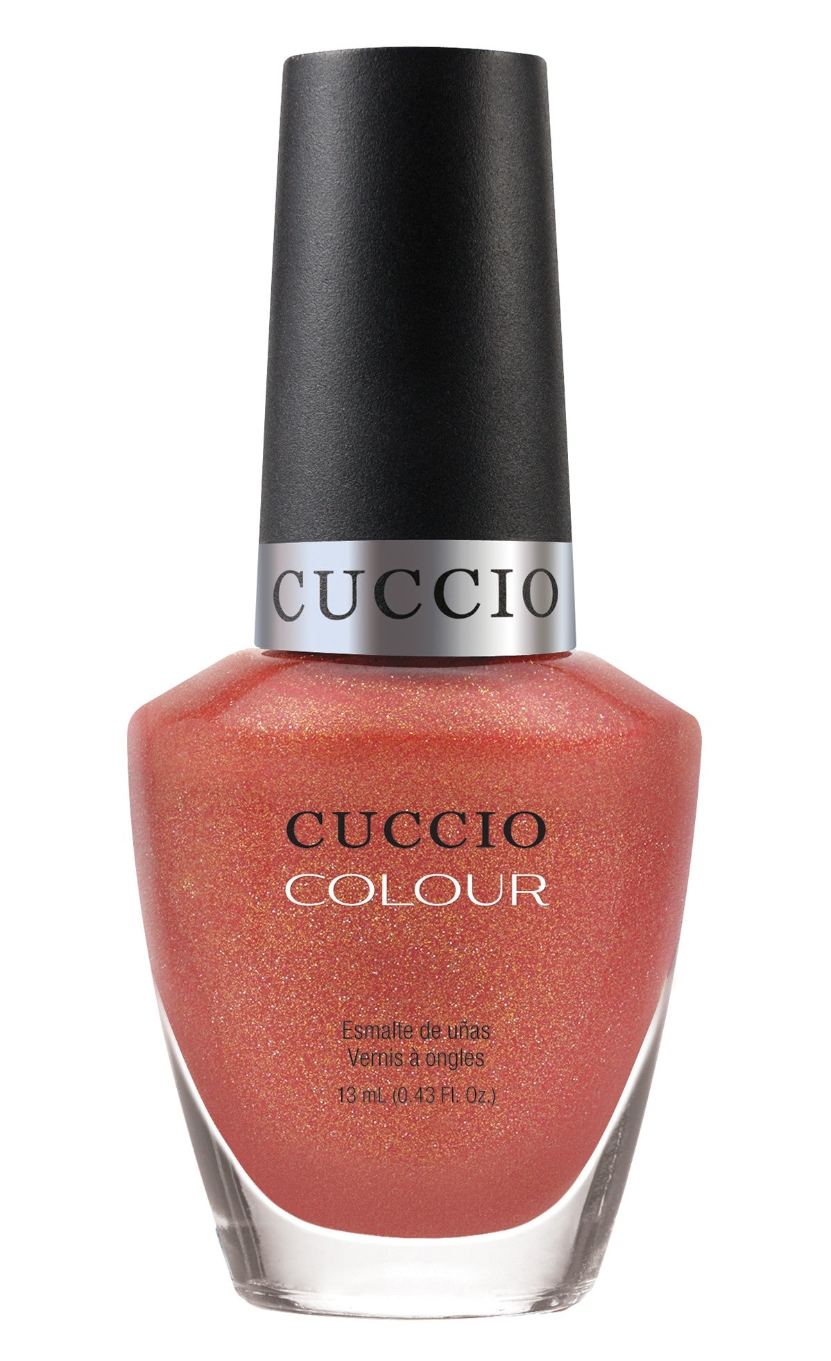 Cuccio Colour Giselle's Beauty nail polish bottle with vibrant pink shade, showcasing the Cuccio Colour branding.