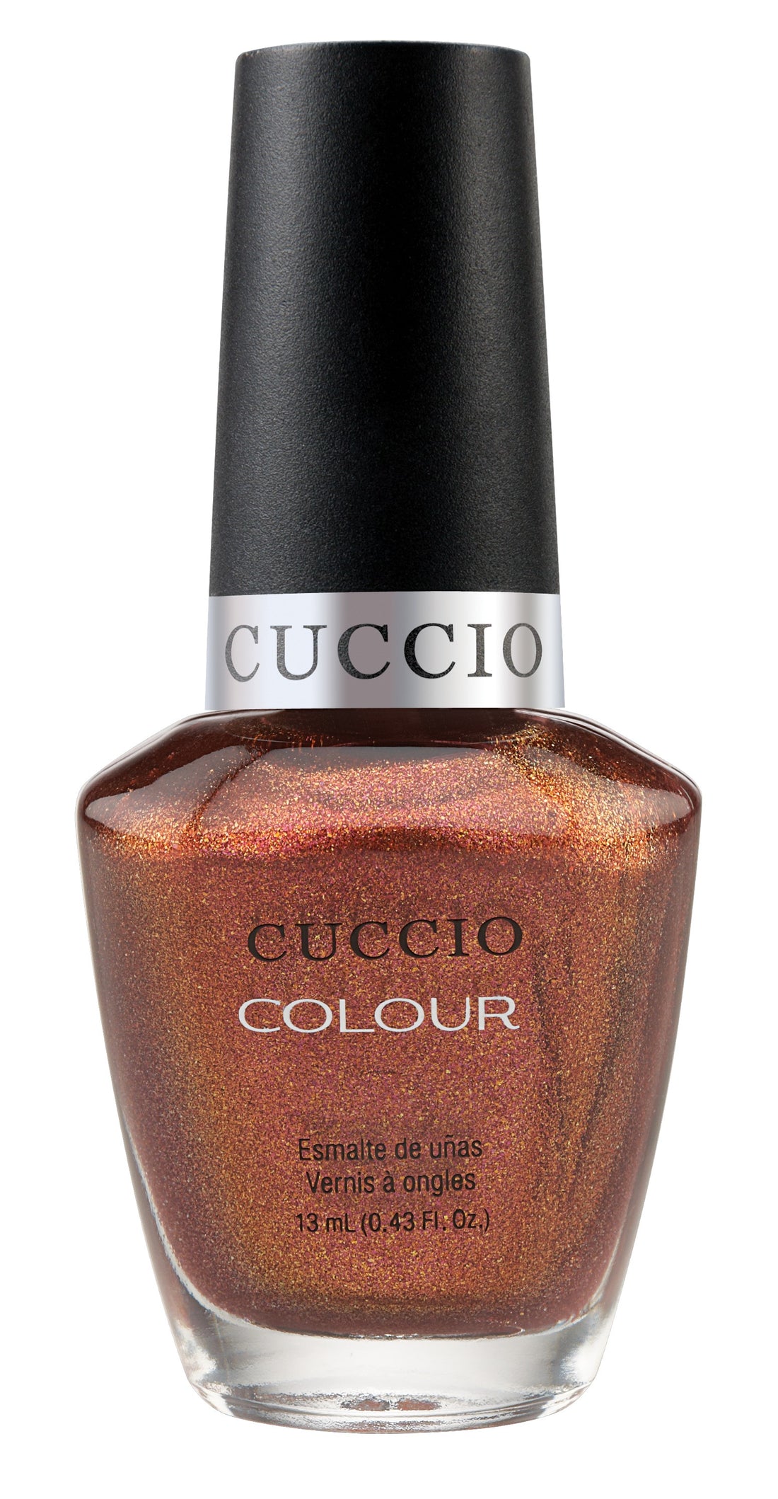 Cuccio Colour Nail Polishes in vibrant shades, featuring the CUCCIO COLOUR HIGHER GROUNDS bottle and swatches on a neutral background.
