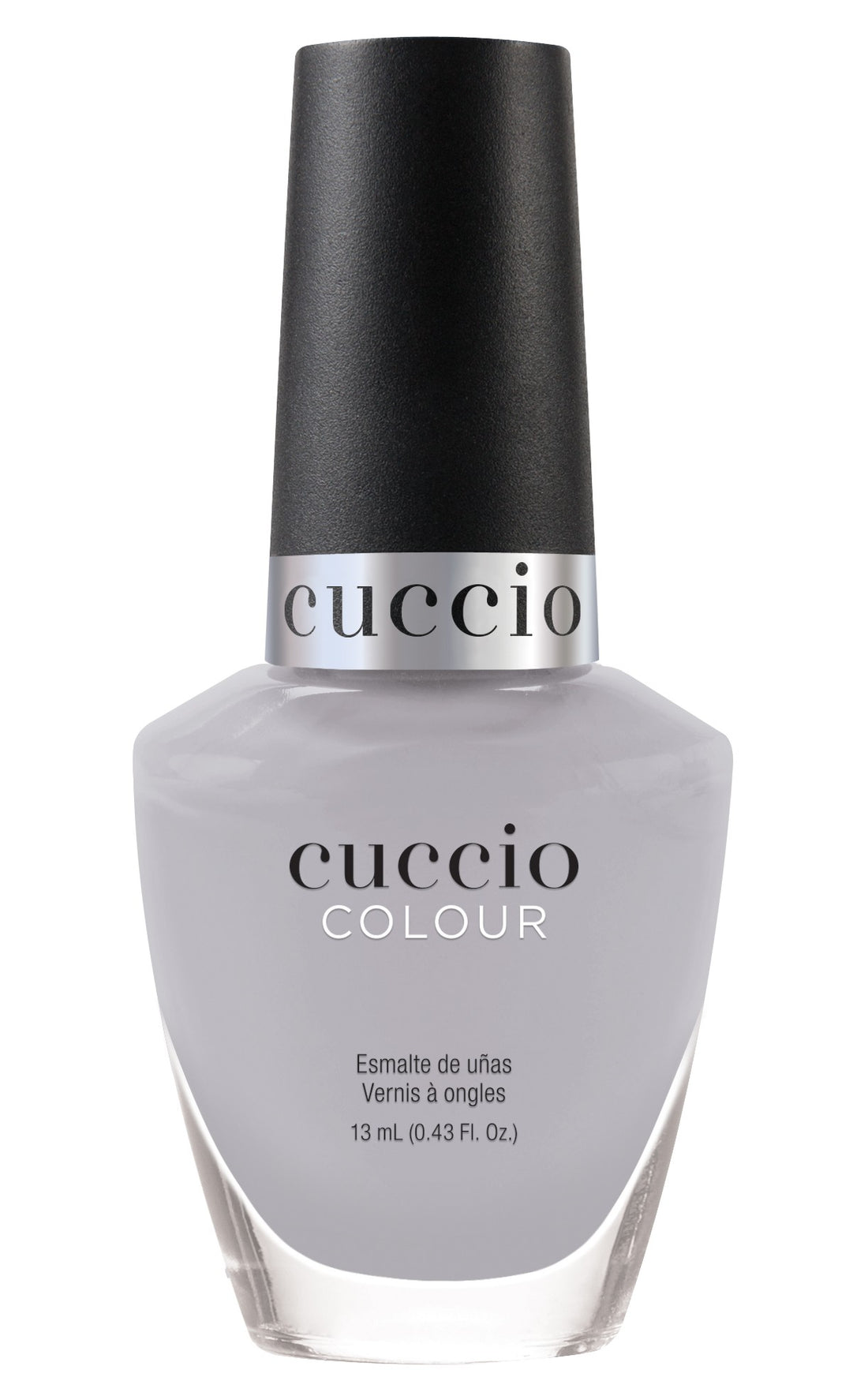 Cuccio Colour I Wonder Where nail polish bottle, vibrant pink shade, with sleek black cap, displayed against white background.