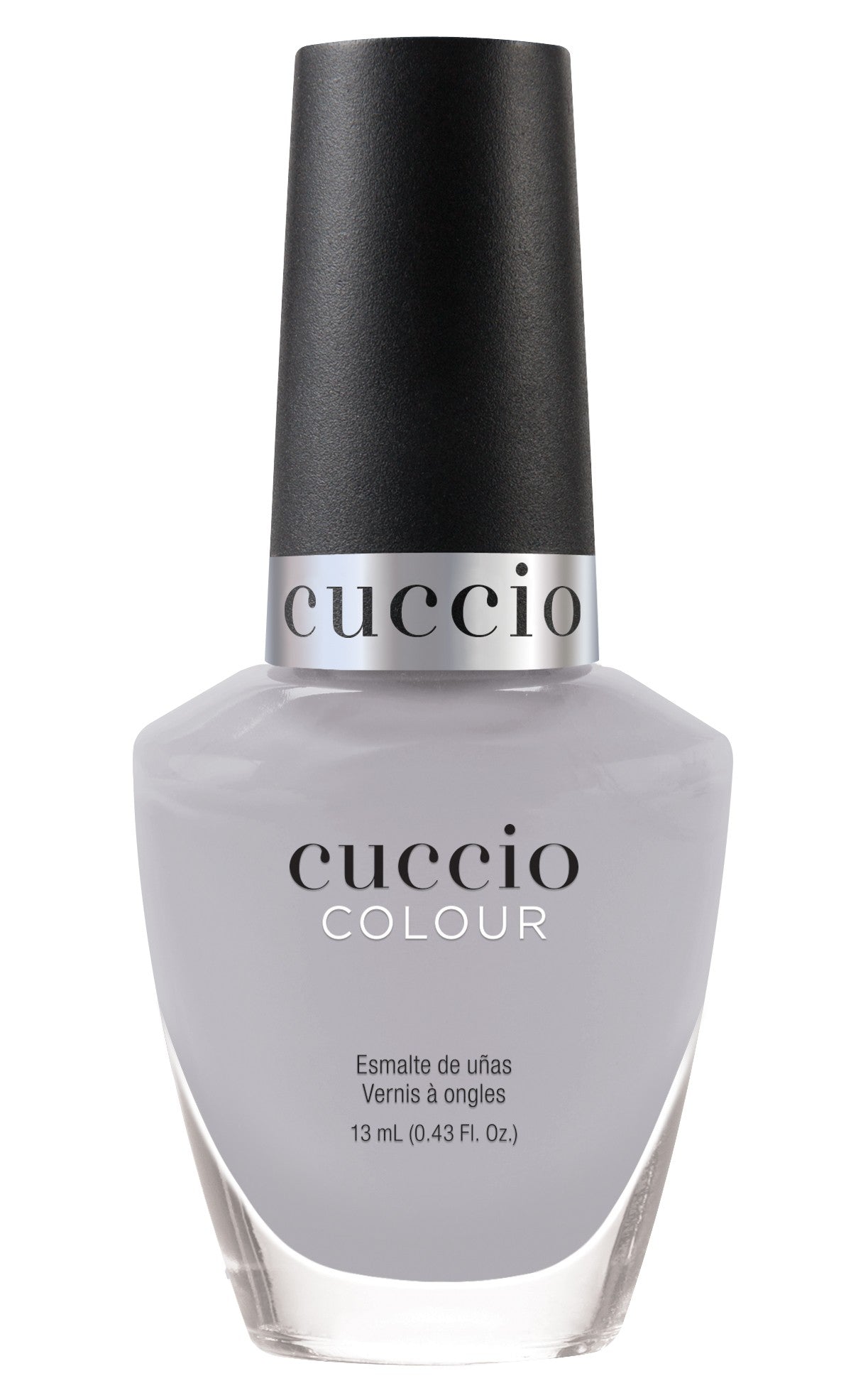Cuccio Colour I Wonder Where nail polish bottle, vibrant pink shade, with sleek black cap, displayed against white background.