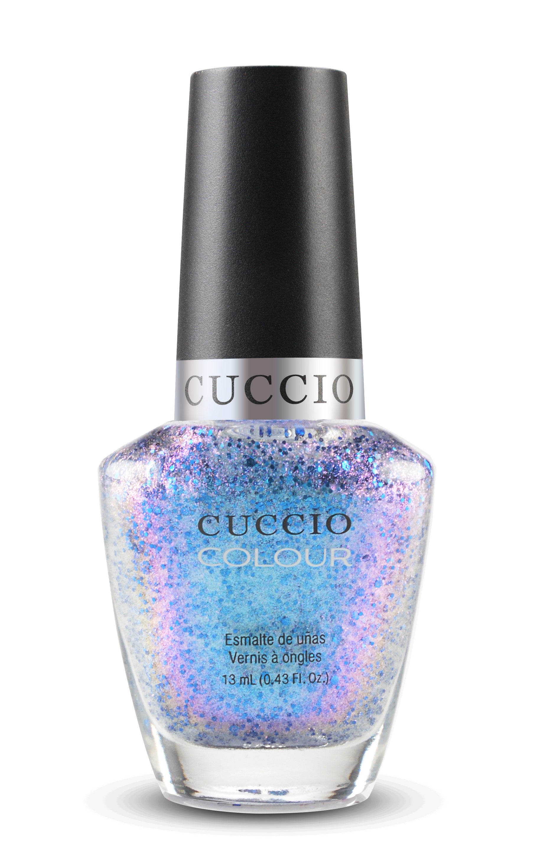 Cuccio Colour Illumination nail polish bottle with vibrant purple and pink shades, showcasing the colorful product.