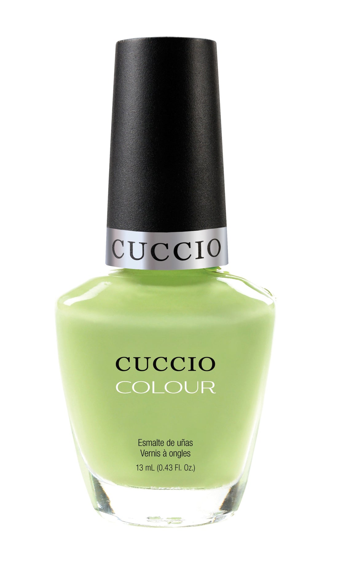 Bright lime green Cuccio Colour nail polish bottle from the Cuccio Colour collection with colorful label and cap.