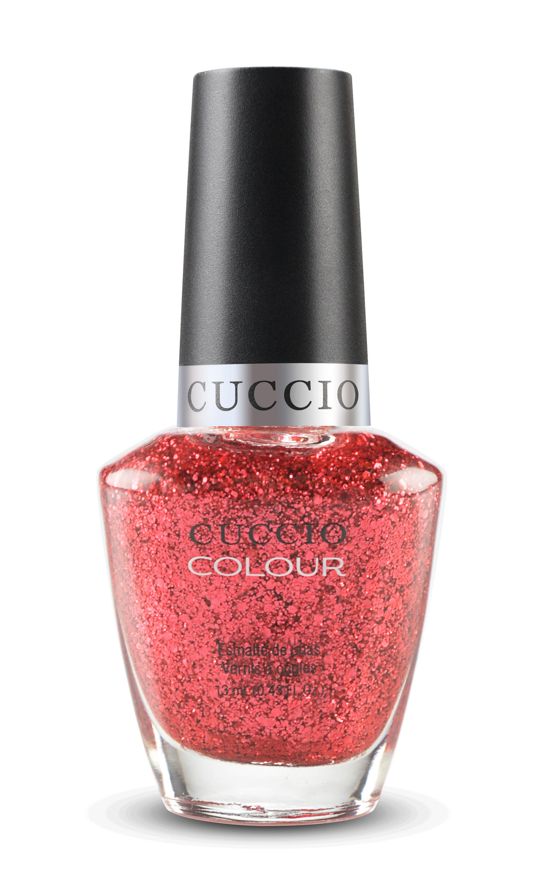 Cuccio Colour nail polishes in a colorful mix, featuring vibrant shades in a display of Cuccio Colour brand nail polish bottles.