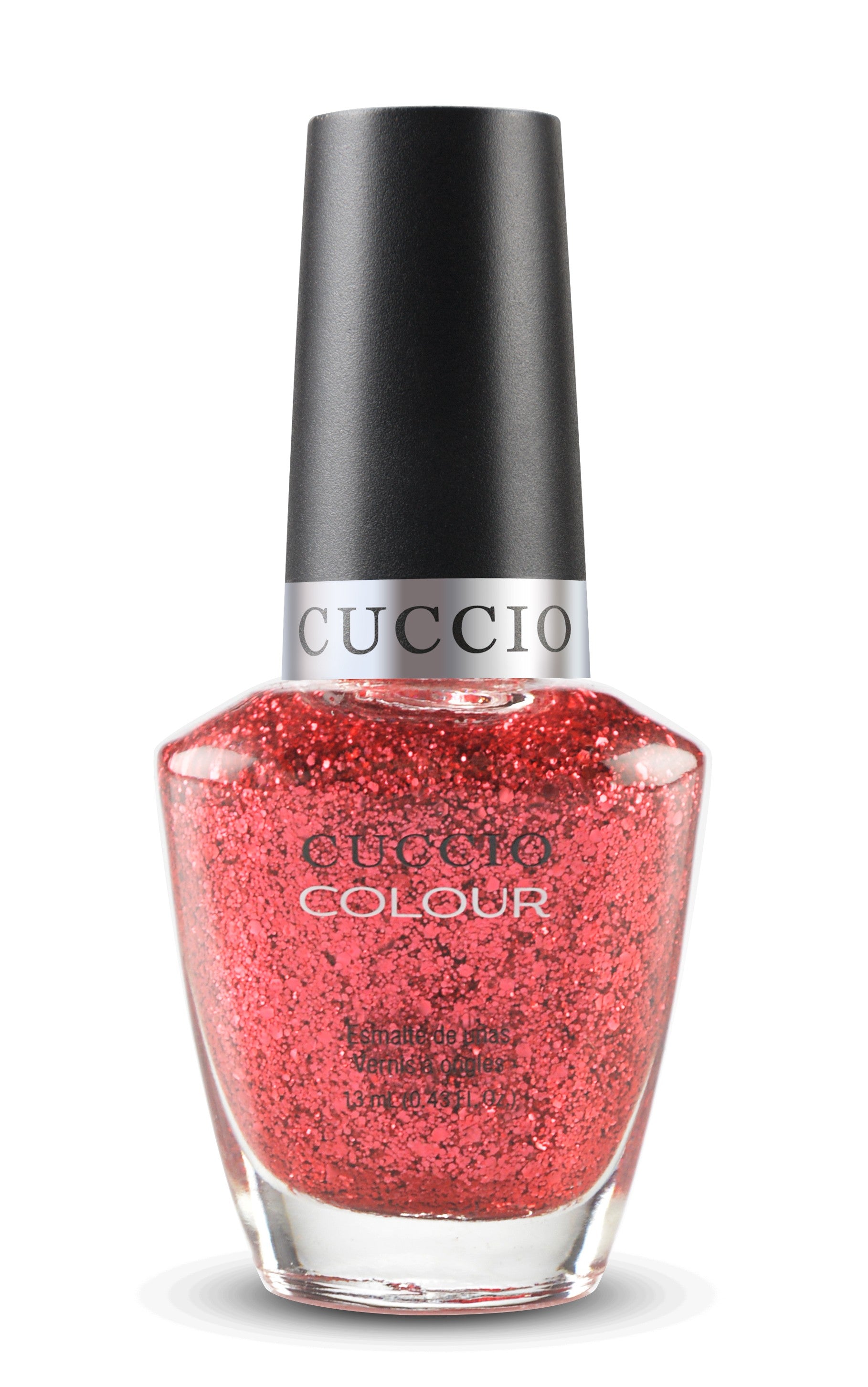 Cuccio Colour nail polishes in a colorful mix, featuring vibrant shades in a display of Cuccio Colour brand nail polish bottles.