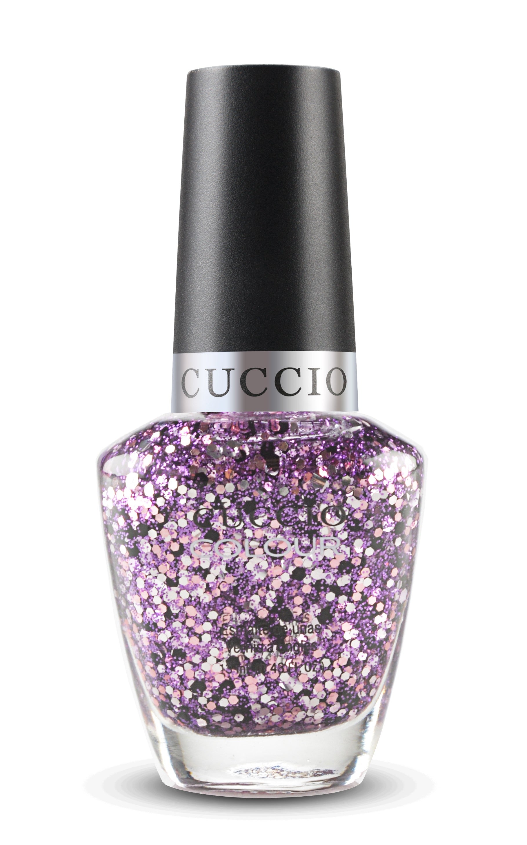 Cuccio Colour Infusion Inferno nail polish bottle with vibrant orange-red color and sleek black cap, displayed on a white background.