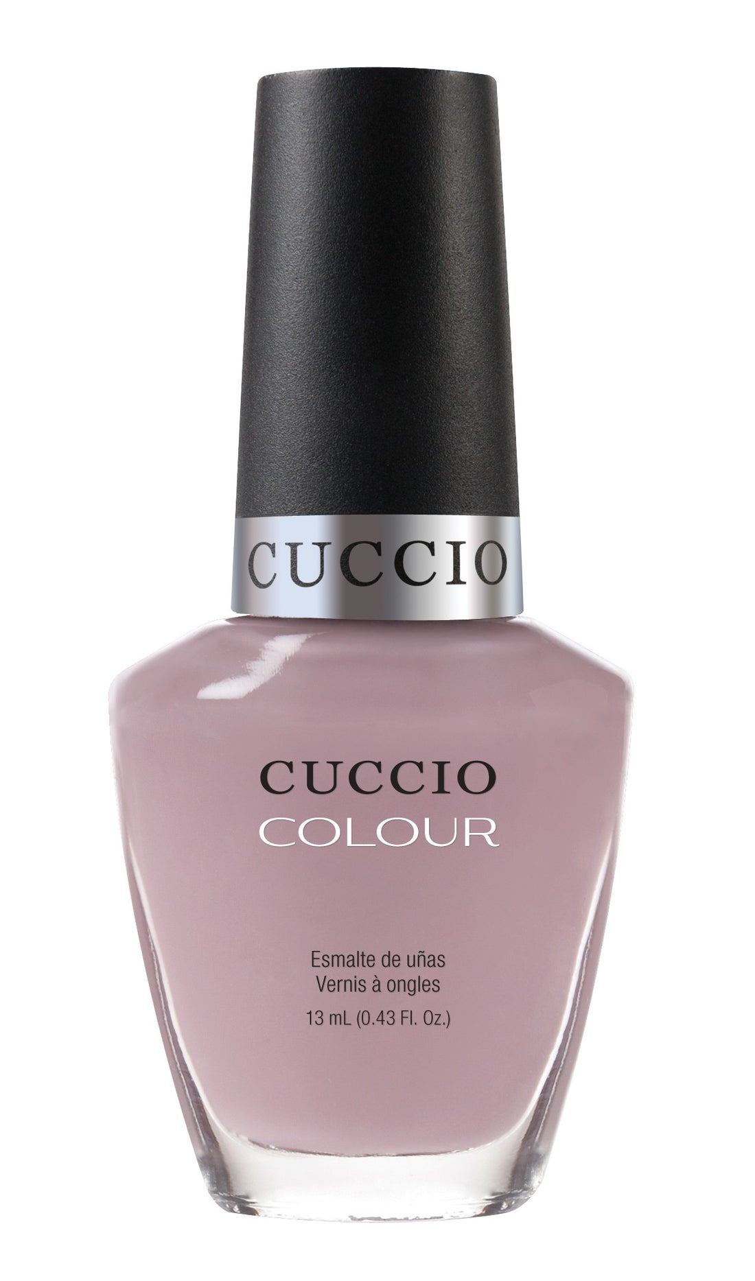 Cuccio Colour Longing for London nail polish bottle, pink and purple shades, with product label visible.
