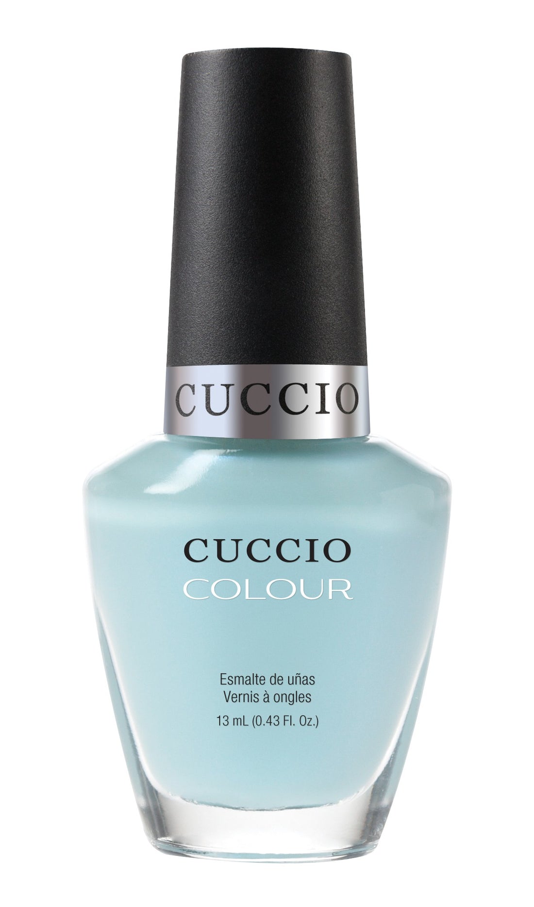 Cuccio Colour Meet Me in Mykonos nail polish bottle with colorful label, showcasing vibrant pink and purple shades.