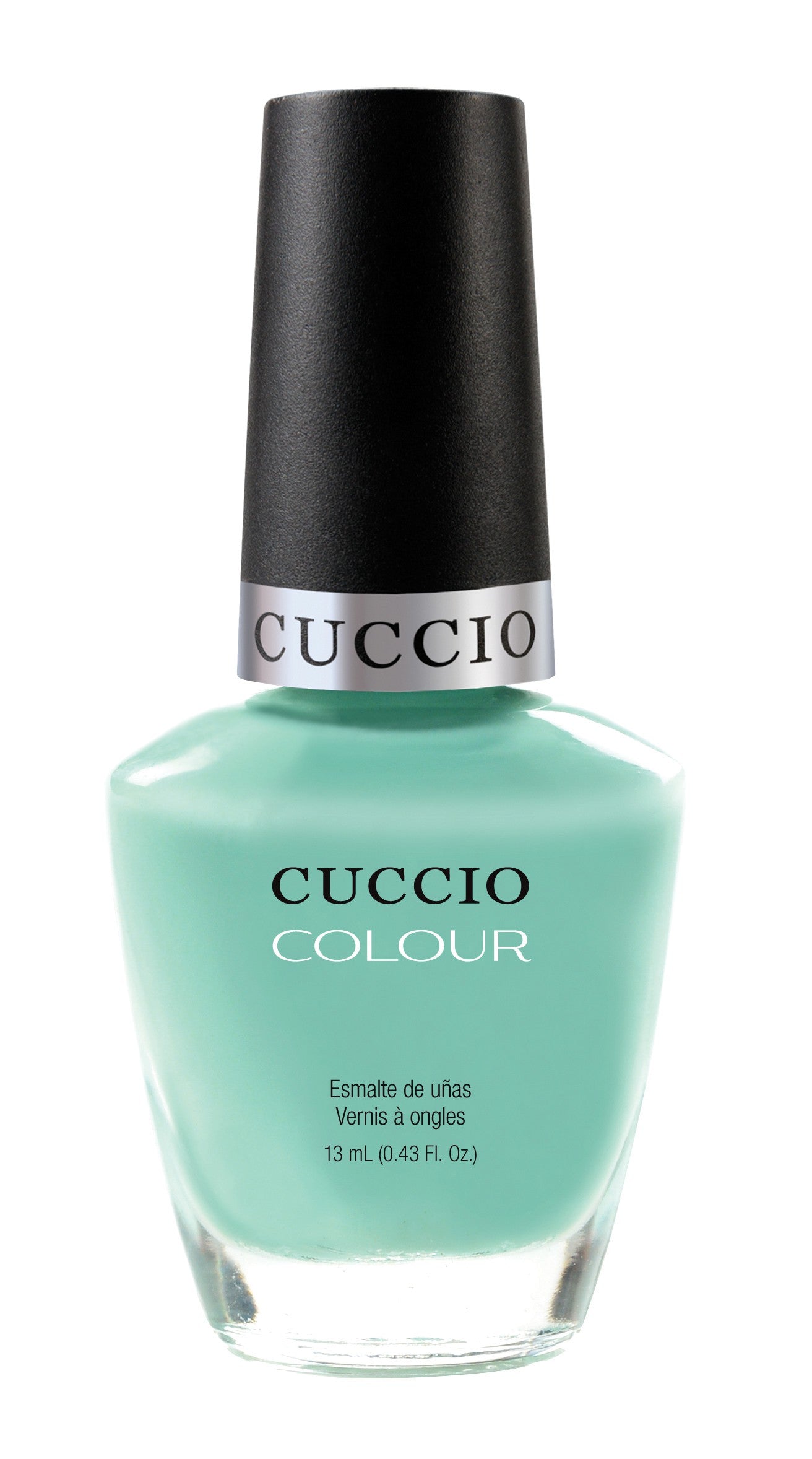 Cuccio Colour mint nail polish bottle, vibrant green shade, glossy finish, and sleek packaging from Cuccio Colour line.