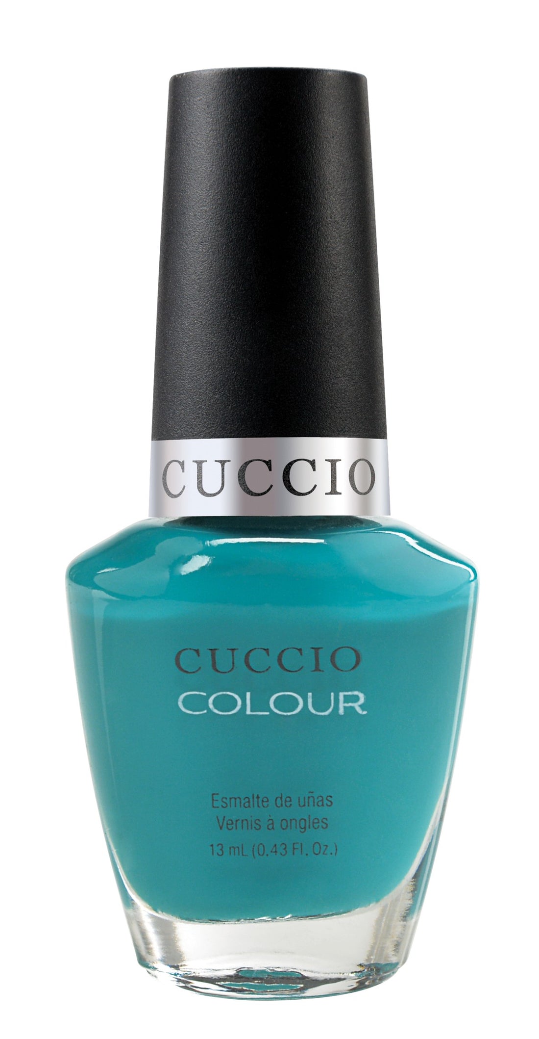 Cuccio Colour Muscle Beach nail polish bottle from Cuccio Colour, featuring vibrant coral-orange nail polish.