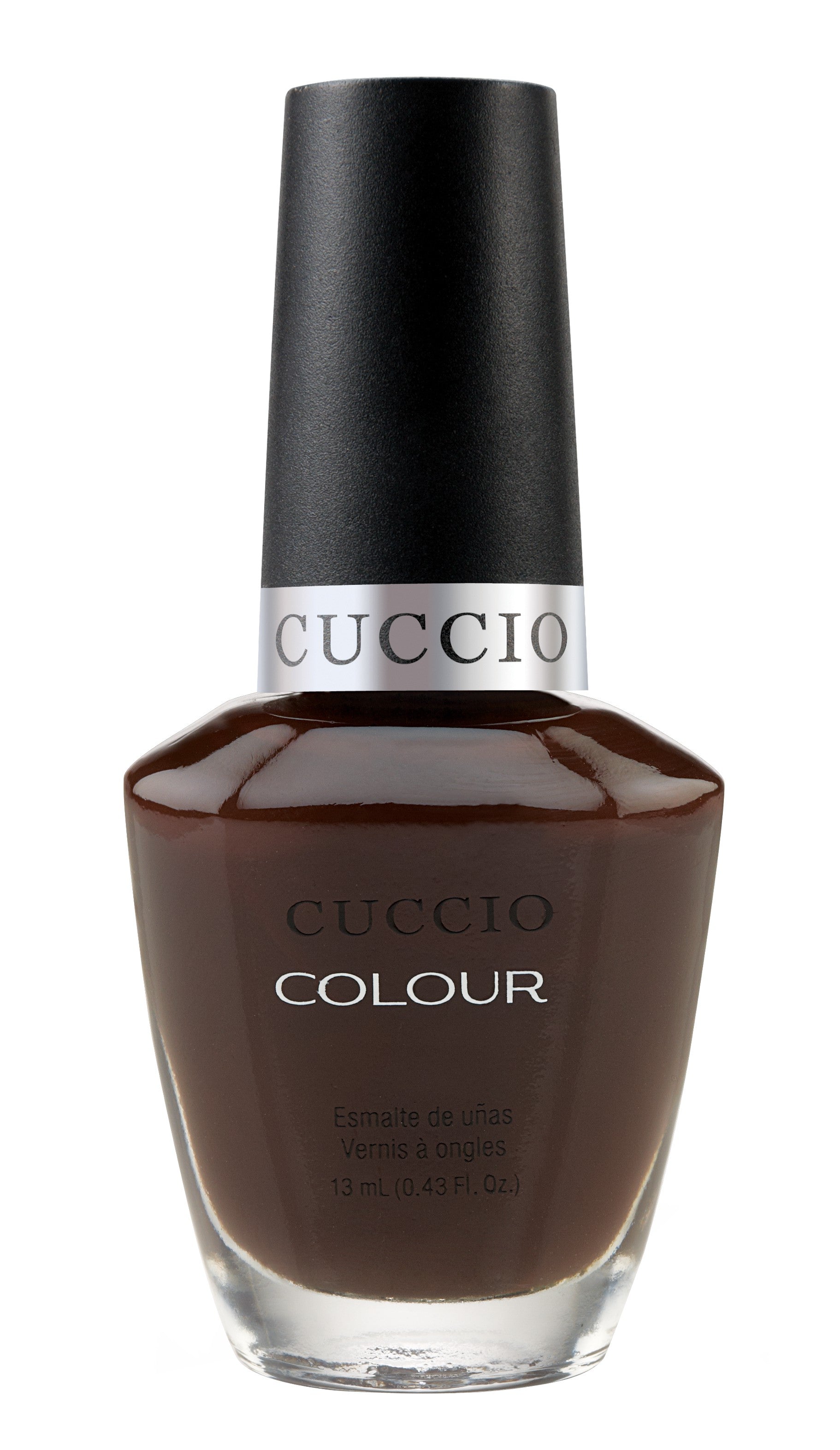 Cuccio Colour French pressed for time nail polish bottle with pastel pink shade and sleek packaging.