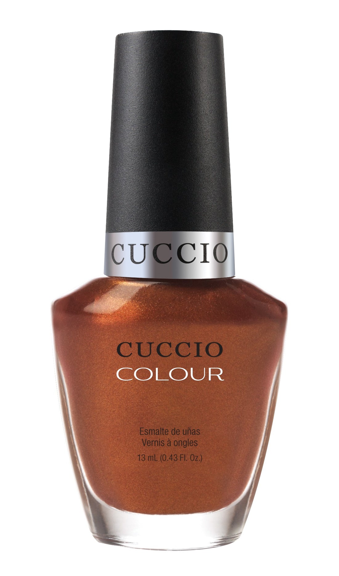 Cuccio Colour Never Can Say Mumbai nail polish bottle with vibrant pink and purple shades, displayed on a white background.