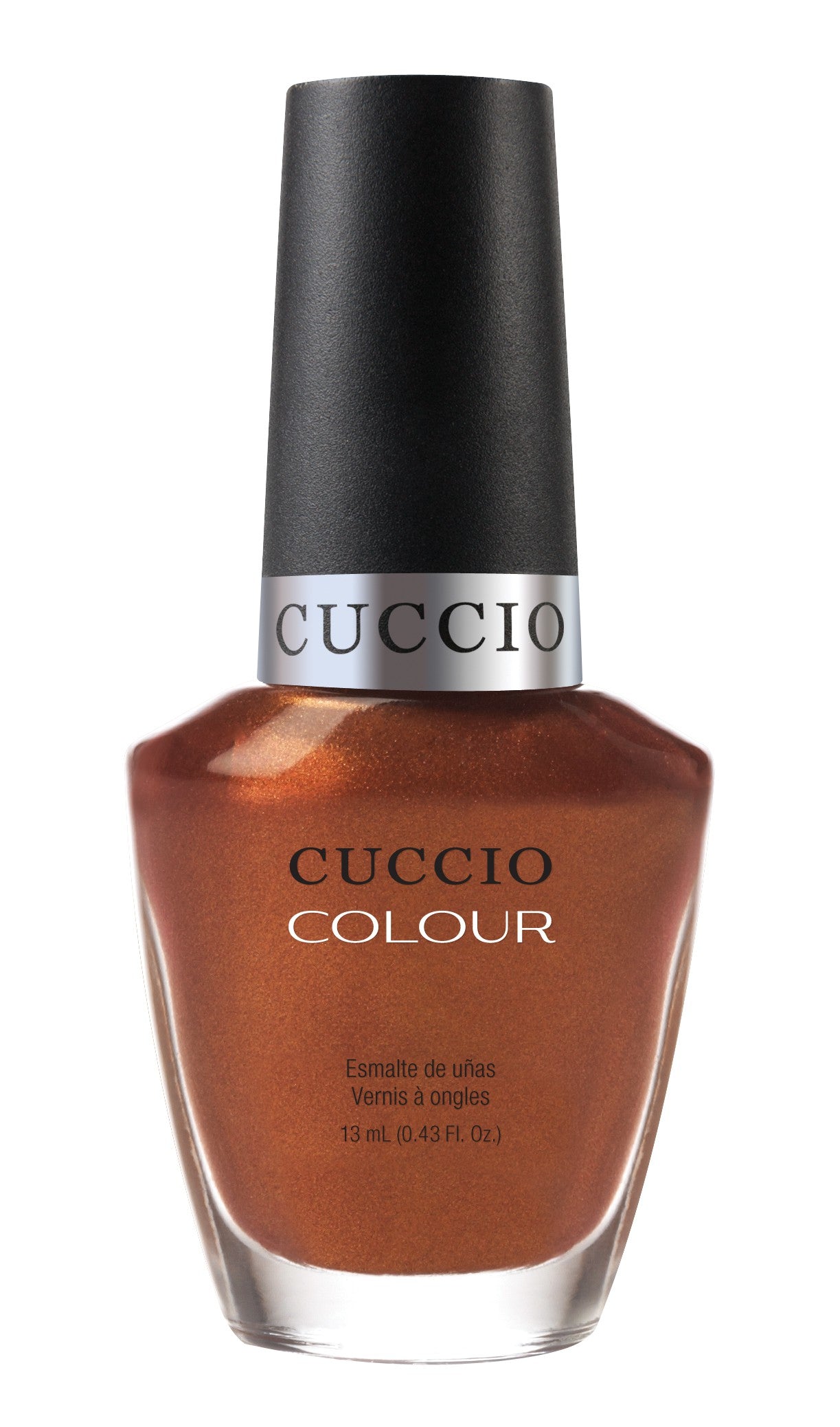 Cuccio Colour Never Can Say Mumbai nail polish bottle with vibrant pink and purple shades, displayed on a white background.