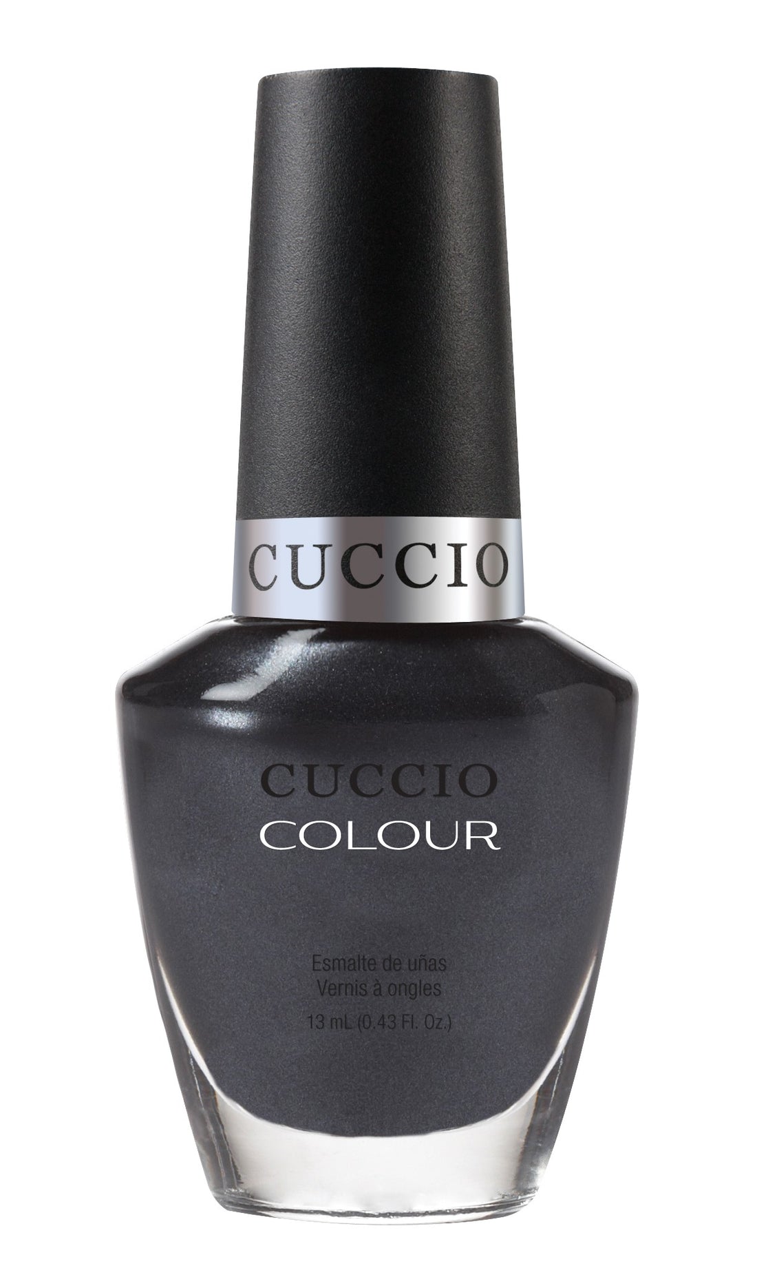 Cuccio Colour Oh My Prague nail polish bottle with vibrant purple shade and sleek packaging.