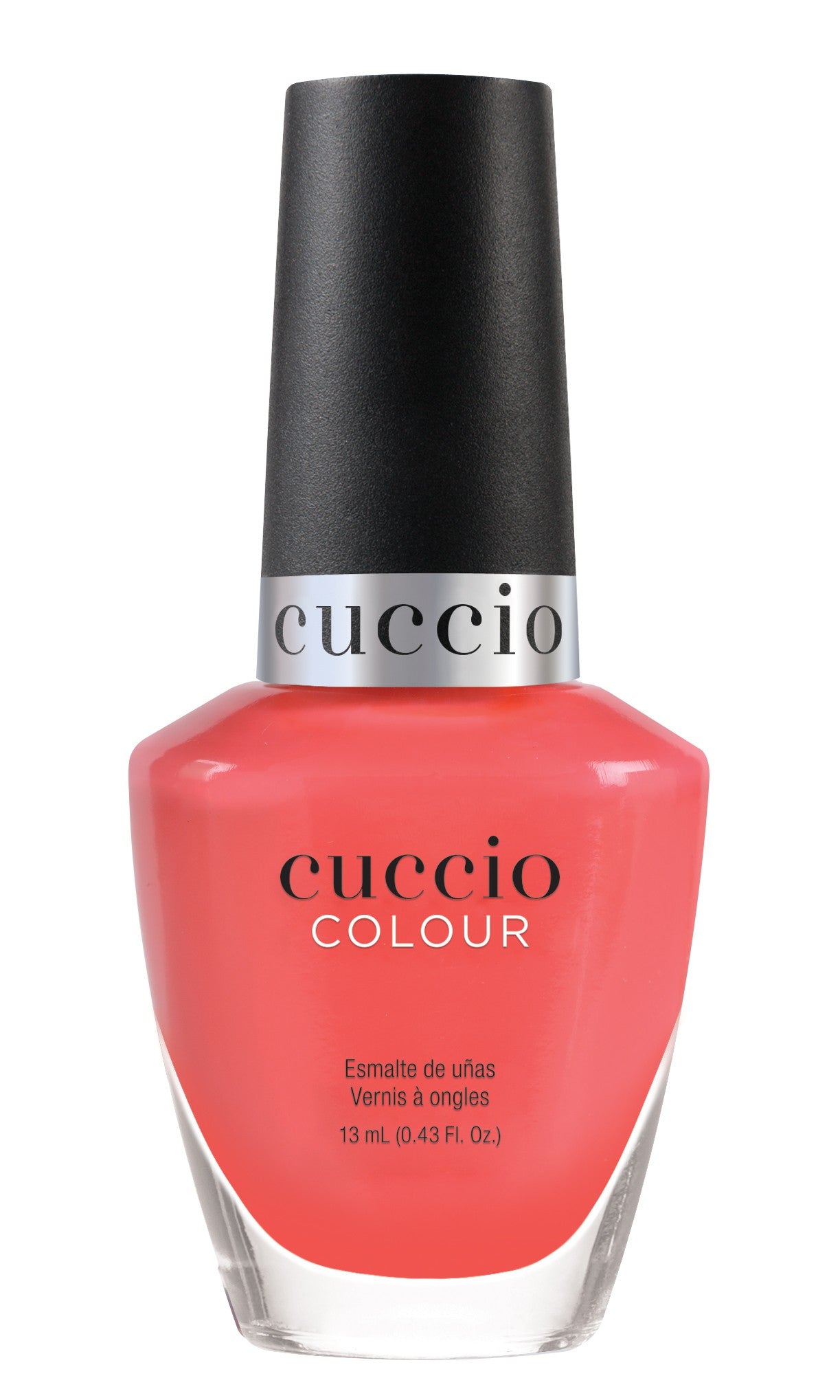 Cuccio Colour Paradise Found nail polish bottle from Cuccio Colour, showcasing vibrant pink shade and sleek packaging.