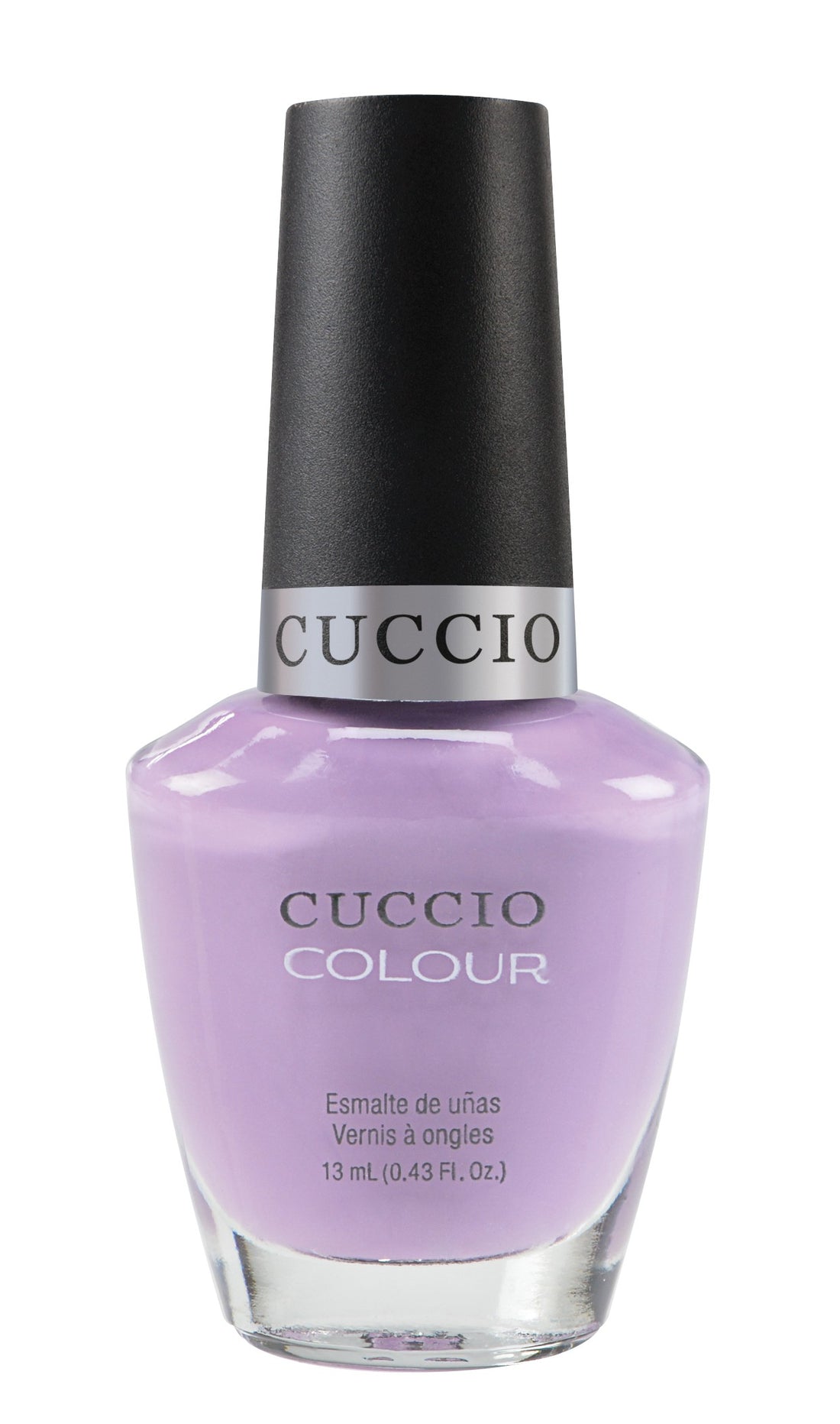 Cuccio Colour Peace Love & Purple nail polish bottles with colorful labels, showcasing vibrant shades and branding.