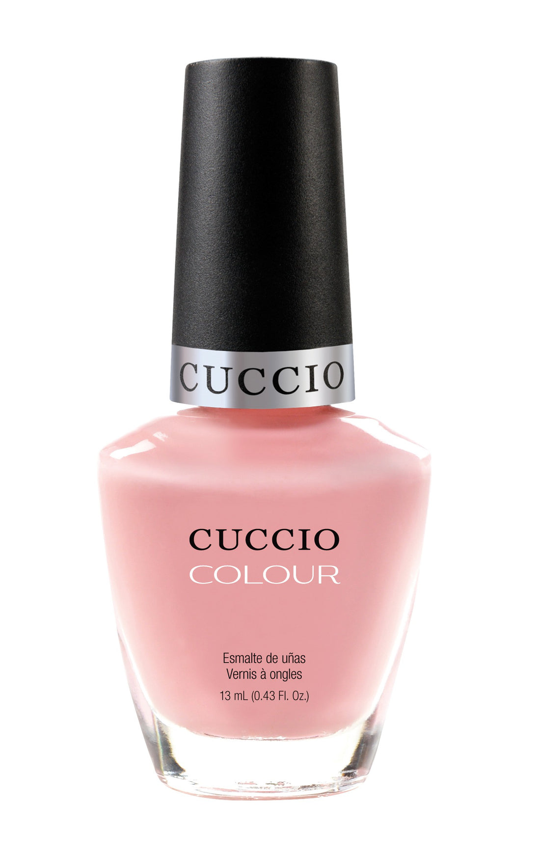 Cuccio Colour Pinky Swear nail polish bottle with bright pink shade and sleek black cap, displayed on a plain background.