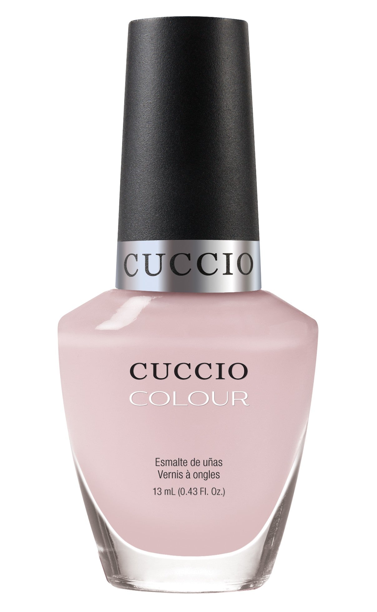 Cuccio Colour Pretty Pink Tutu nail polish bottle with pink cap, showcasing vibrant pink color and sleek design.