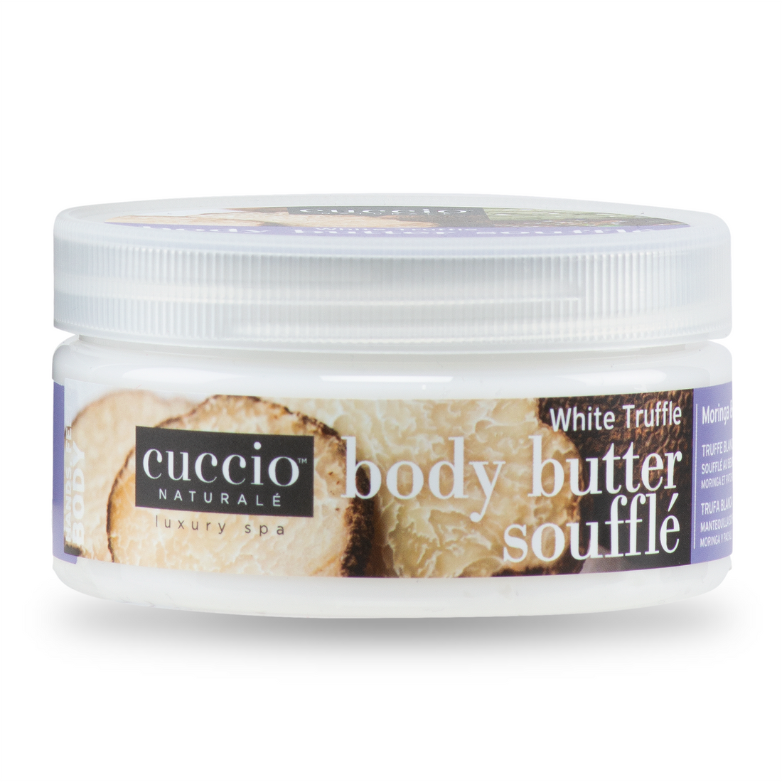 Cuccio Naturalé White Truffle Body Butter Soufflé in a luxurious lotion jar, showcasing the creamy, rich moisturizer for soft skin.