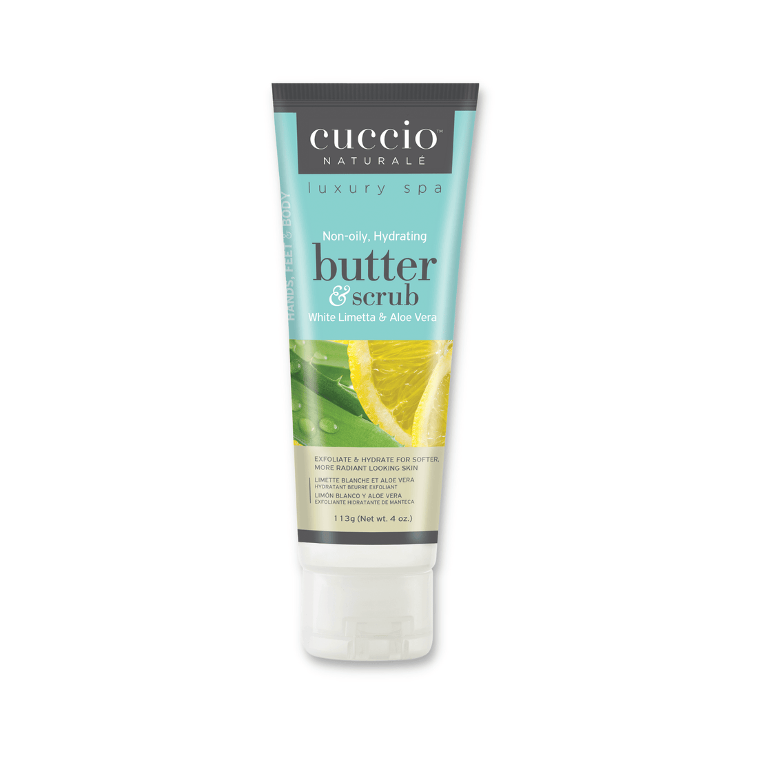 Cuccio Naturalé White Limetta and Aloe Vera butter and scrub jar with a white lid and label, showcasing a natural skincare product.