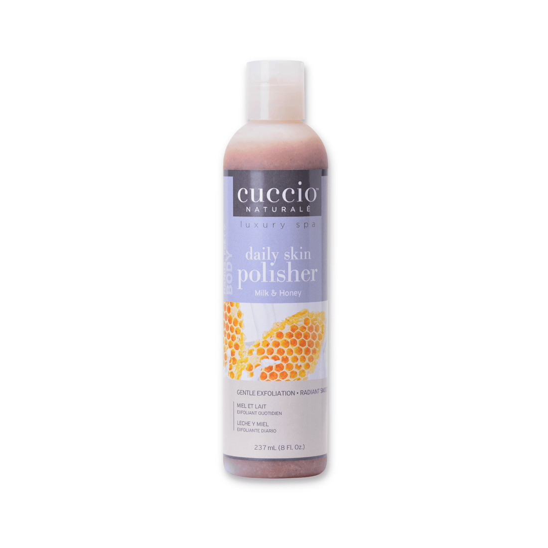 Cuccio Naturalé Daily Skin Polisher with Milk & Honey, natural exfoliating scrub in 237ml container.