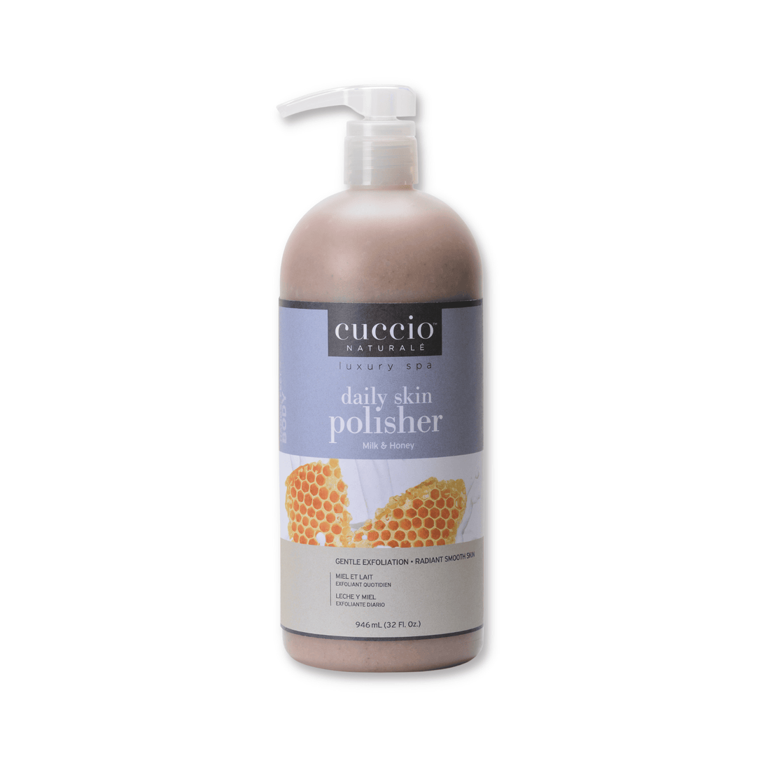 Cuccio Naturalé Daily Skin Polisher milk and honey scrub in a 946ml jar, featuring creamy texture and natural exfoliating ingredients.