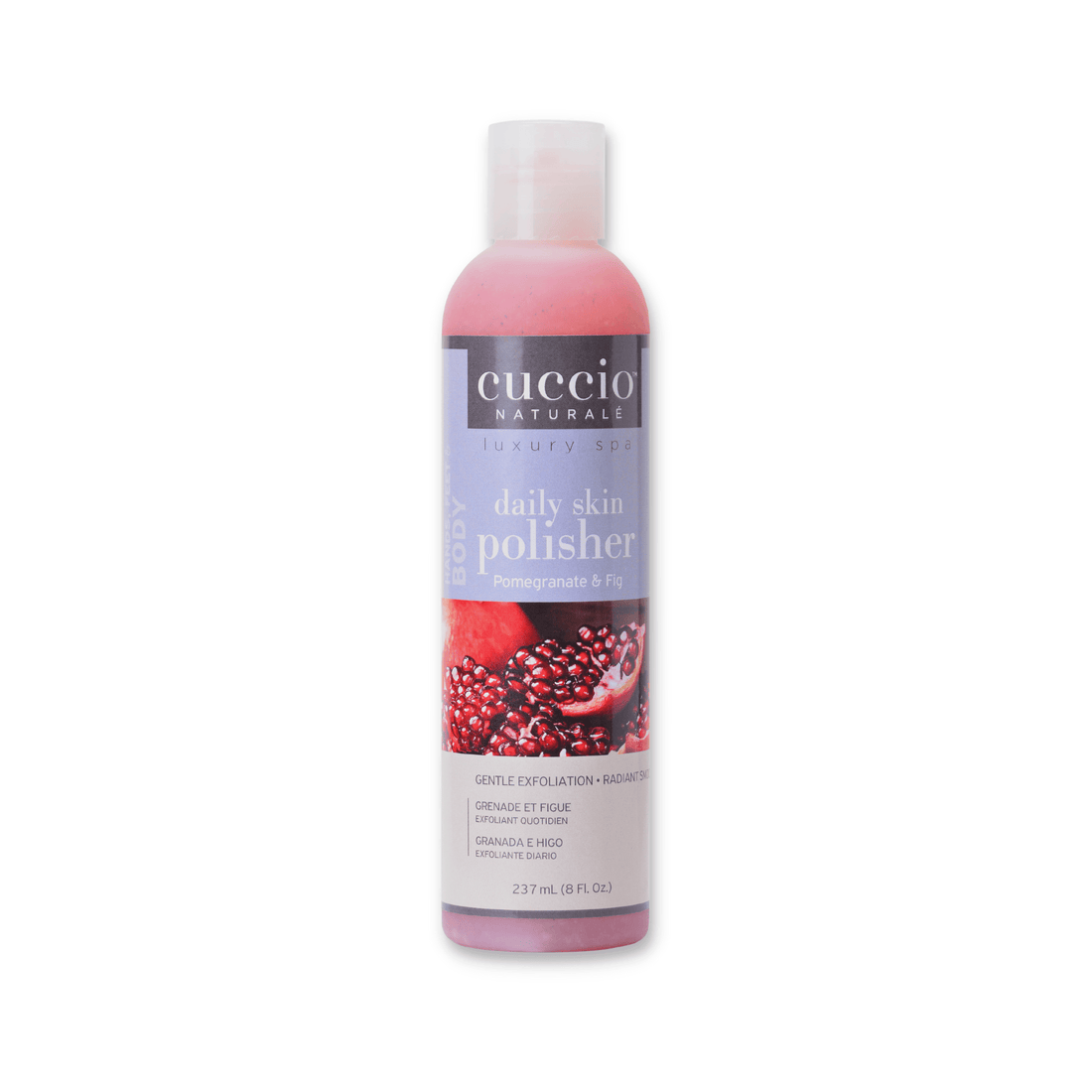 Cuccio Naturalé Daily Skin Polisher scrub with pomegranate and fig, featuring a textured exfoliating surface in a 237ml container.