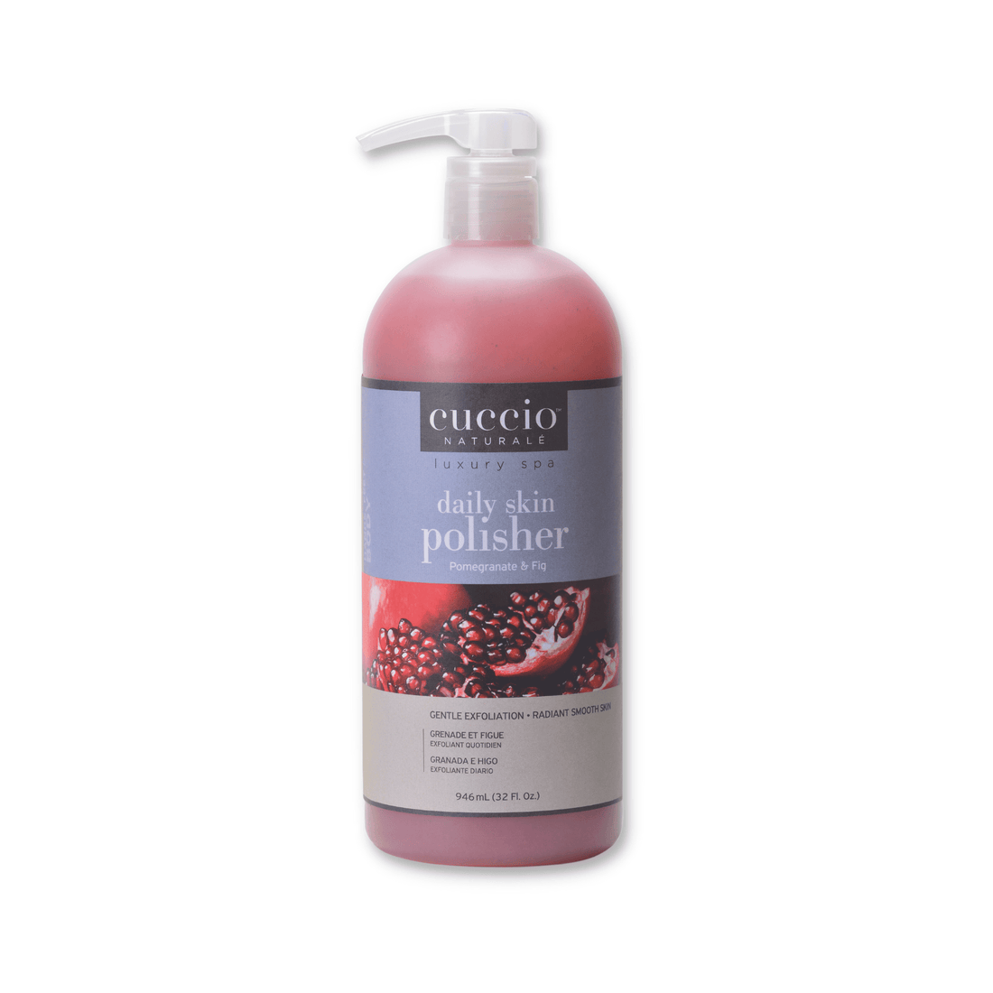 Cuccio Naturalé Daily Skin Polisher scrub with pomegranate and fig, showing a jar of exfoliating body scrub with natural ingredients.