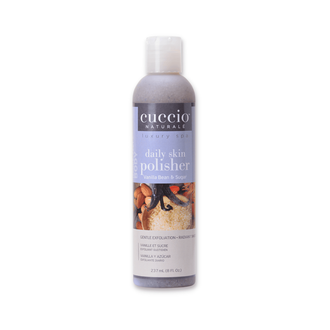 Cuccio Naturalé Vanilla Bean & Sugar Daily Skin Polisher in 237ml jar, featuring natural exfoliating scrub with vanilla and sugar.