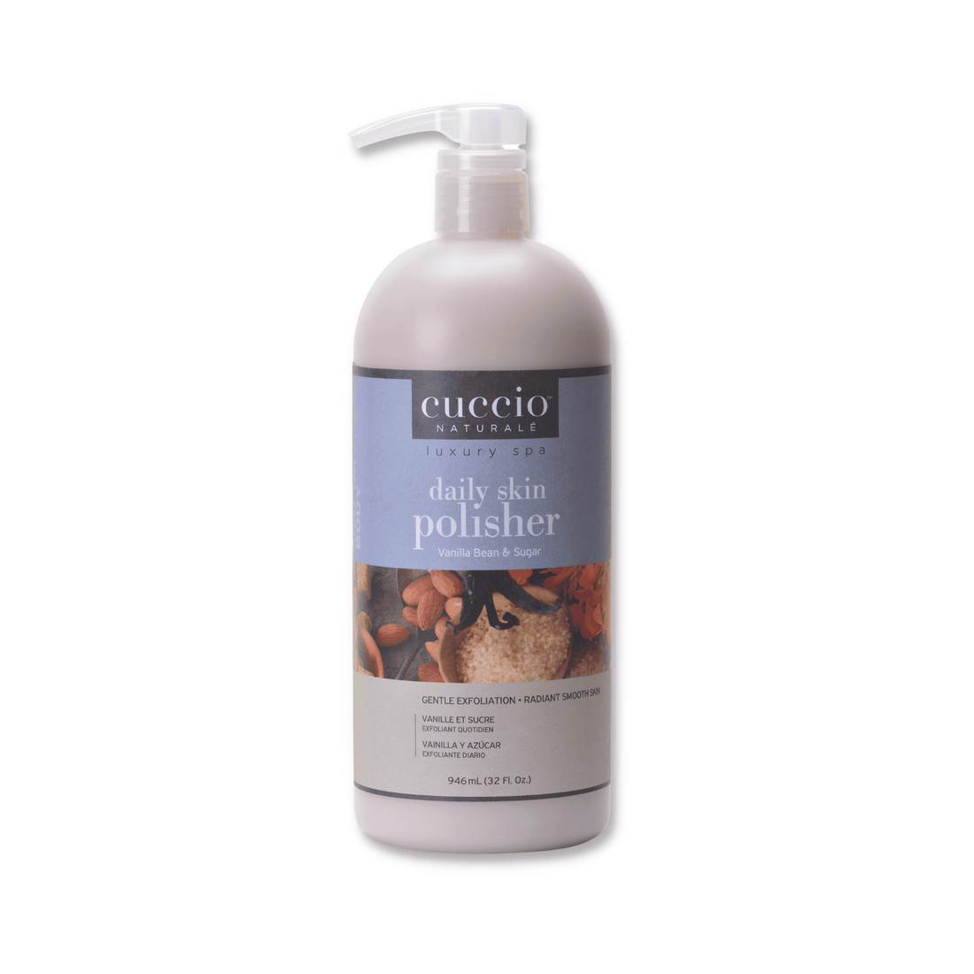 Cuccio Naturalé Daily Skin Polisher scrub with vanilla bean and sugar, showing a jar of exfoliating body scrub with vanilla scent