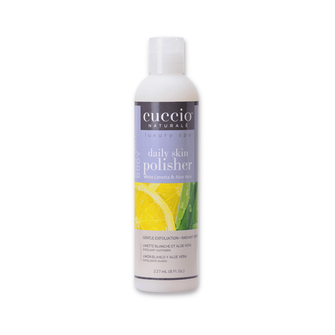 Cuccio Naturalé Daily Skin Polisher scrub with white limetta and aloe vera, showing the jar and spoon with exfoliating product.