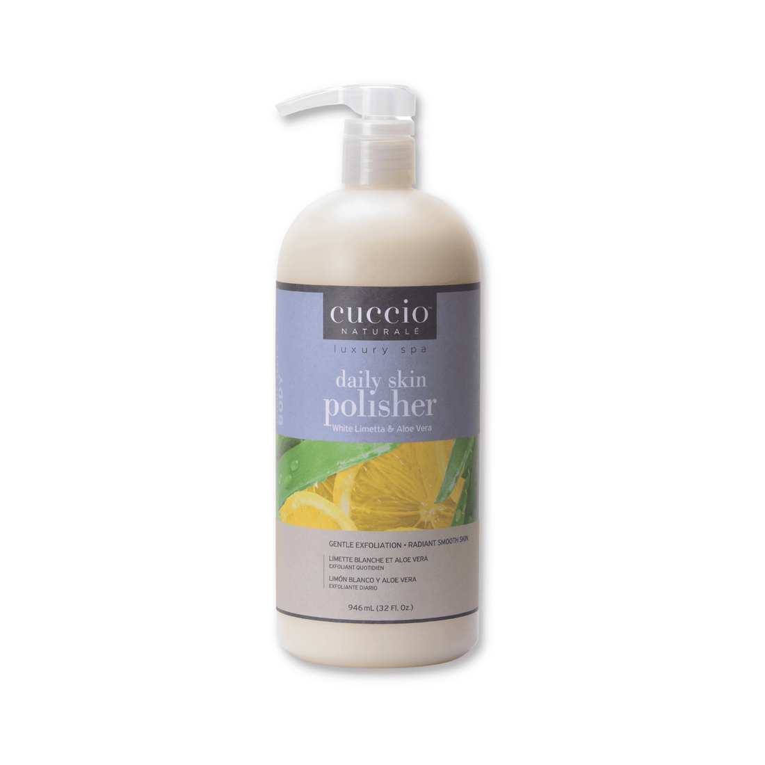 Cuccio Naturalé Daily Skin Polisher scrub with white limetta and aloe vera, showing the jar and natural ingredients in the image.