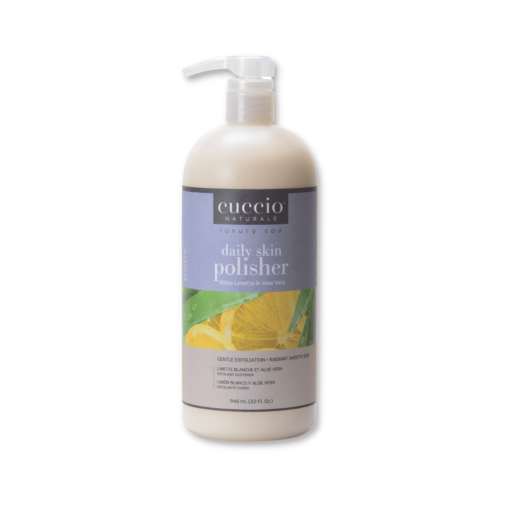 Cuccio Naturalé Daily Skin Polisher scrub with white limetta and aloe vera, showing the jar and natural ingredients in the image.
