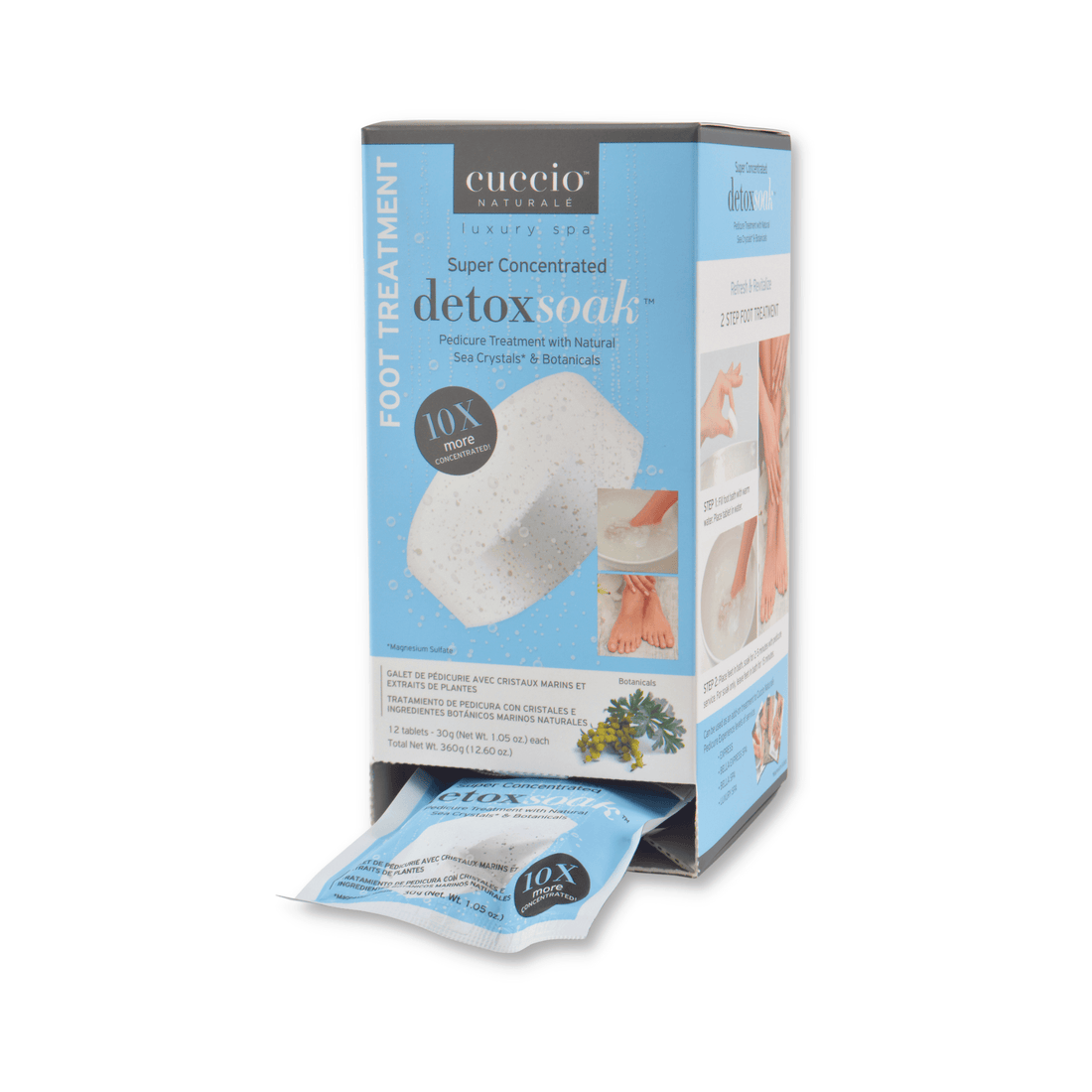 Cuccio Naturale DetoxSoak feet treatment tablets in a container, designed for detoxifying and revitalizing tired feet.