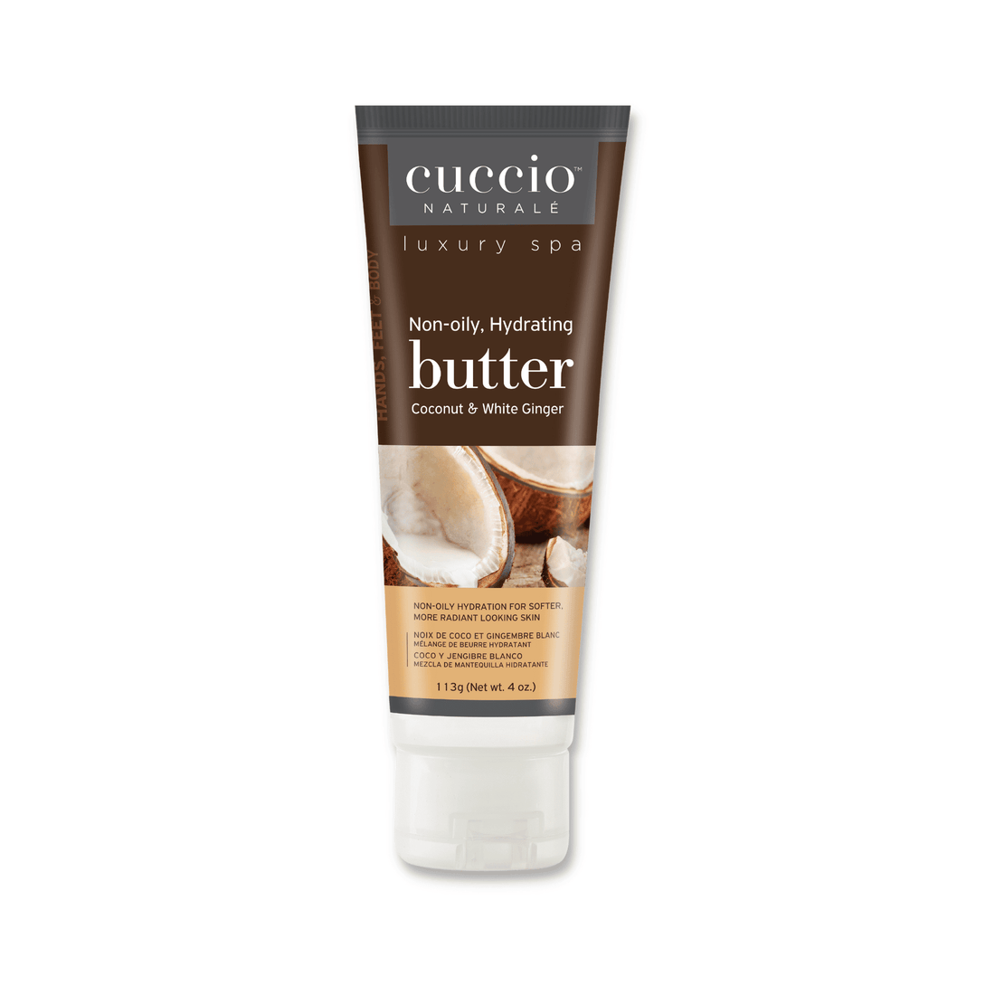 Cuccio Naturalé Hydrating Butter with coconut and white ginger, moisturizing lotion in a 113g container.