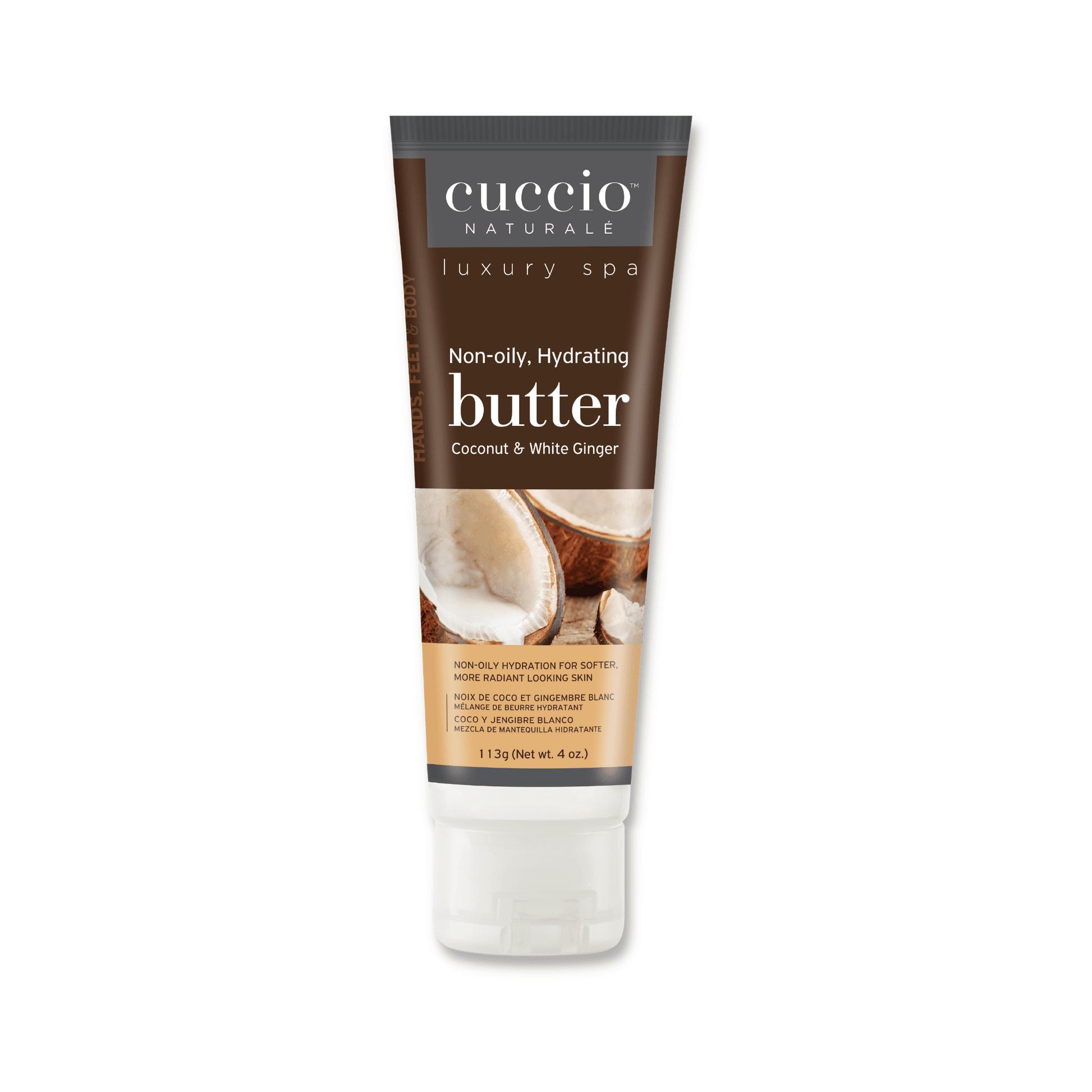 Cuccio Naturalé Hydrating Butter with coconut and white ginger, moisturizing lotion in a 113g container.