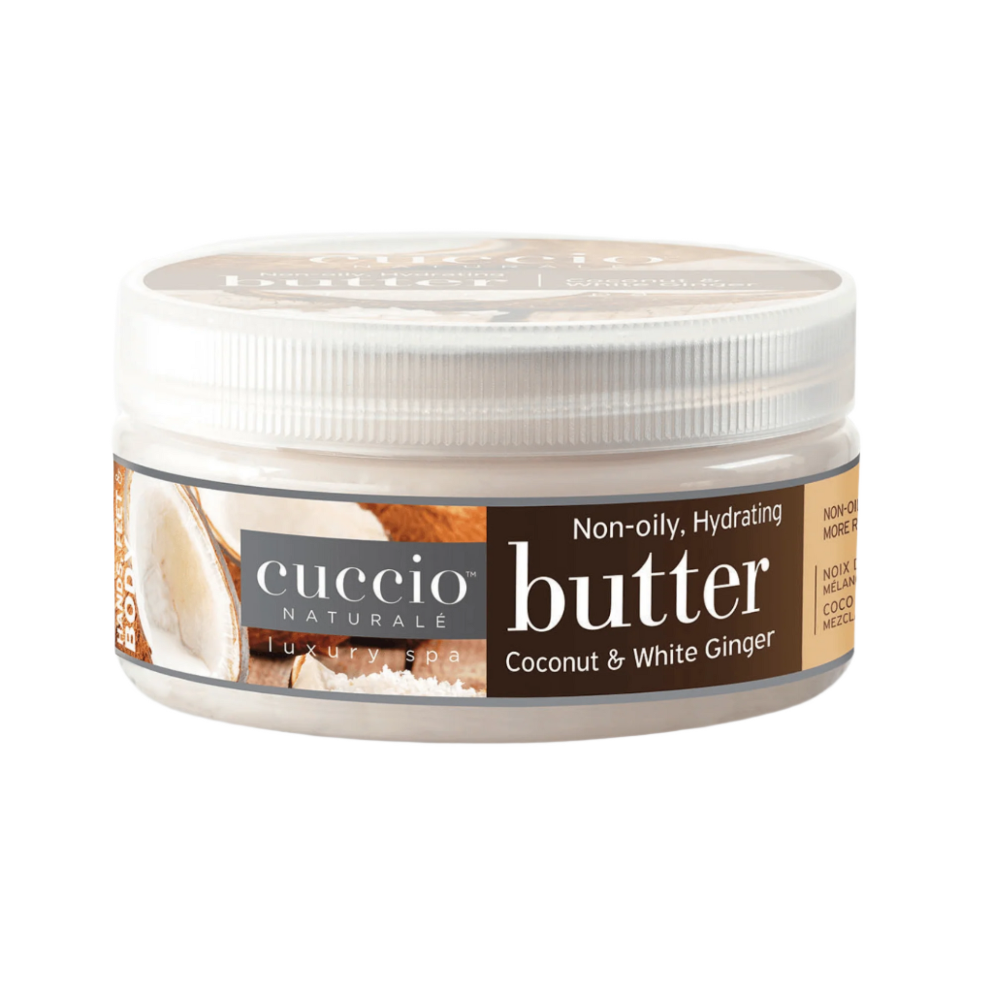 Cuccio Naturalé Hydrating Butter lotion with coconut and white ginger scent, showing a creamy moisturizer in a jar.
