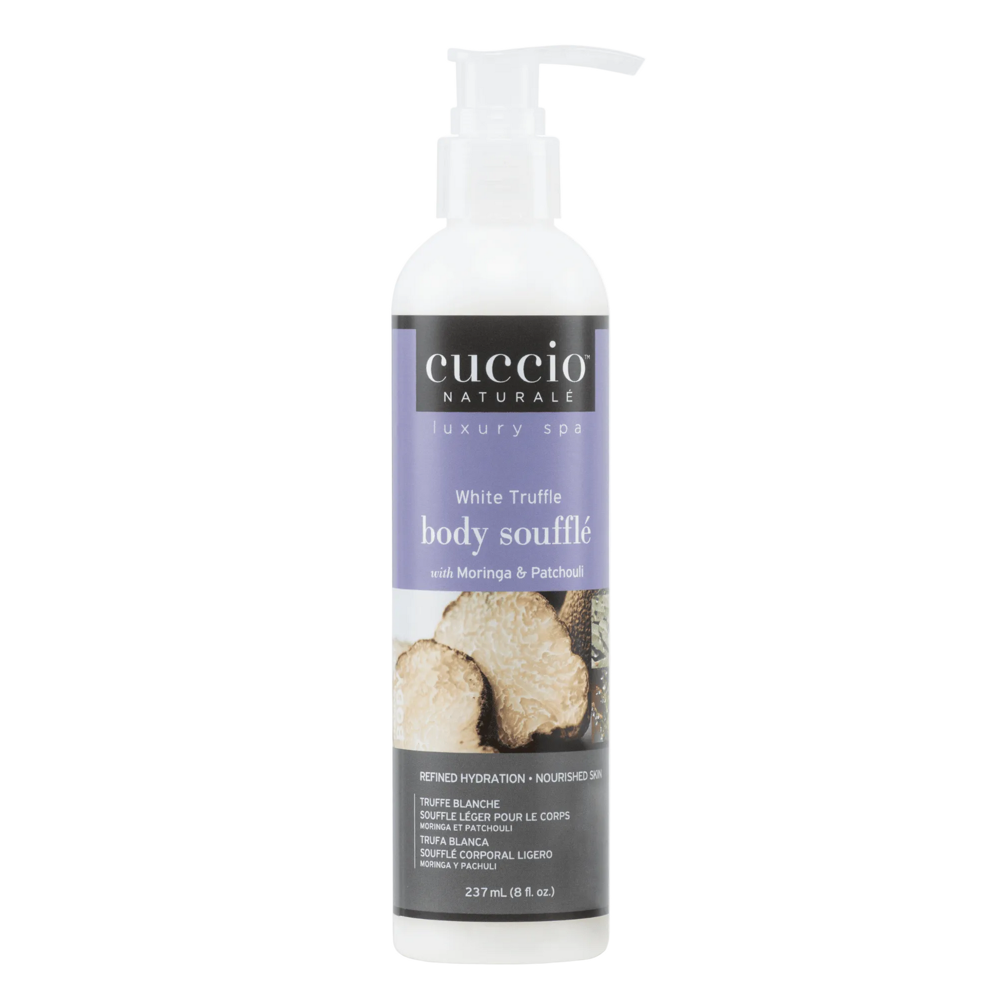 Cuccio Naturalé Light Body Soufflé in White Truffle scent, creamy moisturizer with smooth texture and elegant packaging.