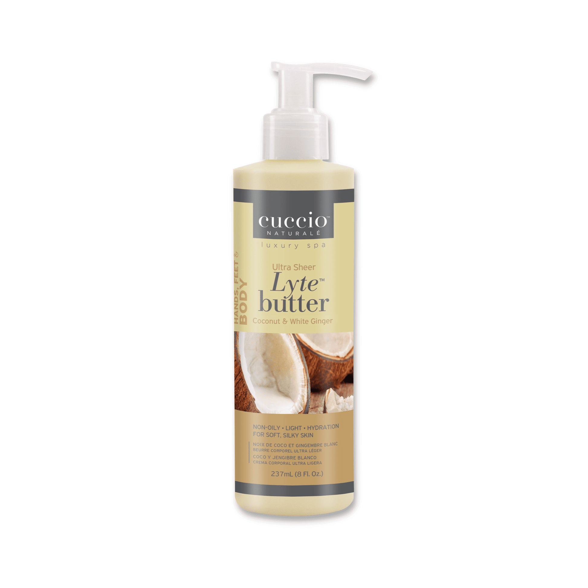 Cuccio Naturalé Lyte Butter Lotion with Coconut and White Ginger, 237ml, moisturizing lotion and skin moisturizer in a pump bottle