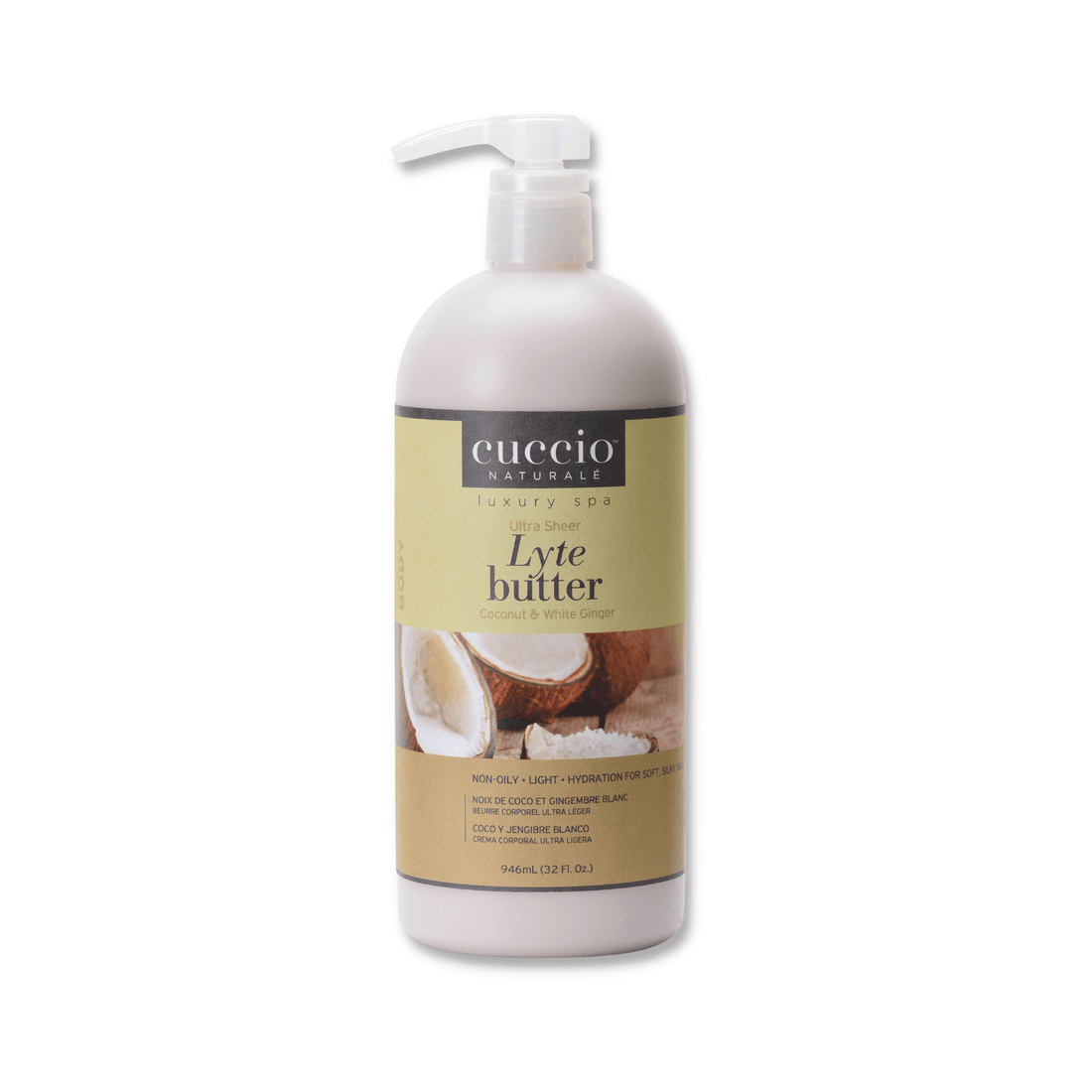 Cuccio Naturalé Lyte Butter Lotion with Coconut and White Ginger, moisturizing cream in 946ml bottle, smooth and nourishing skin.