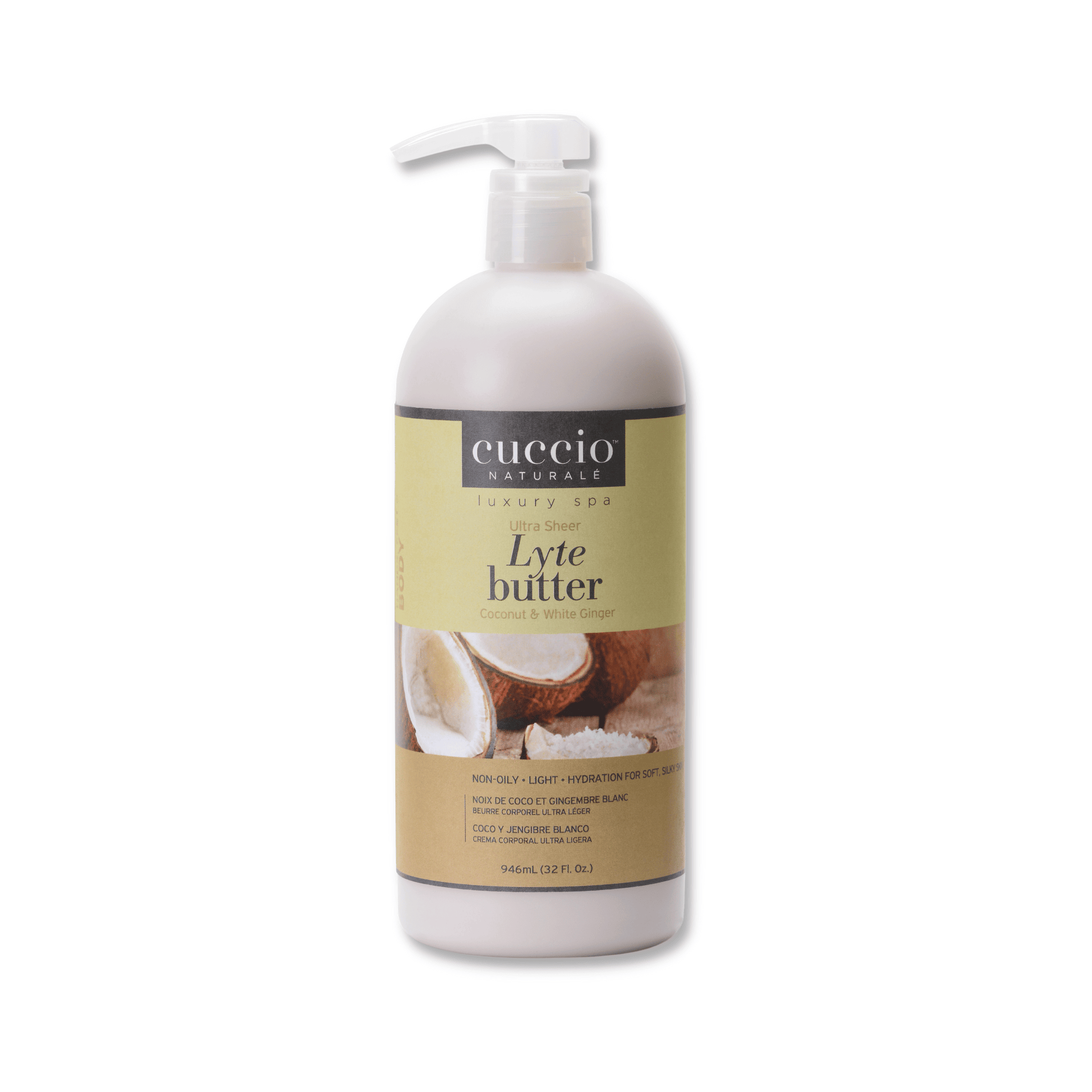 Cuccio Naturalé Lyte Butter Lotion with Coconut and White Ginger, moisturizing cream in 946ml bottle, smooth and nourishing skin.