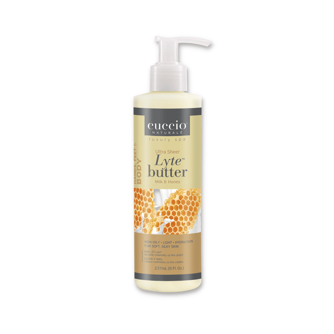 Cuccio Naturalé Lyte Butter Lotion with Milk & Honey, moisturizing lotion and moisturizer in a 237ml bottle, smooth and nourishing.