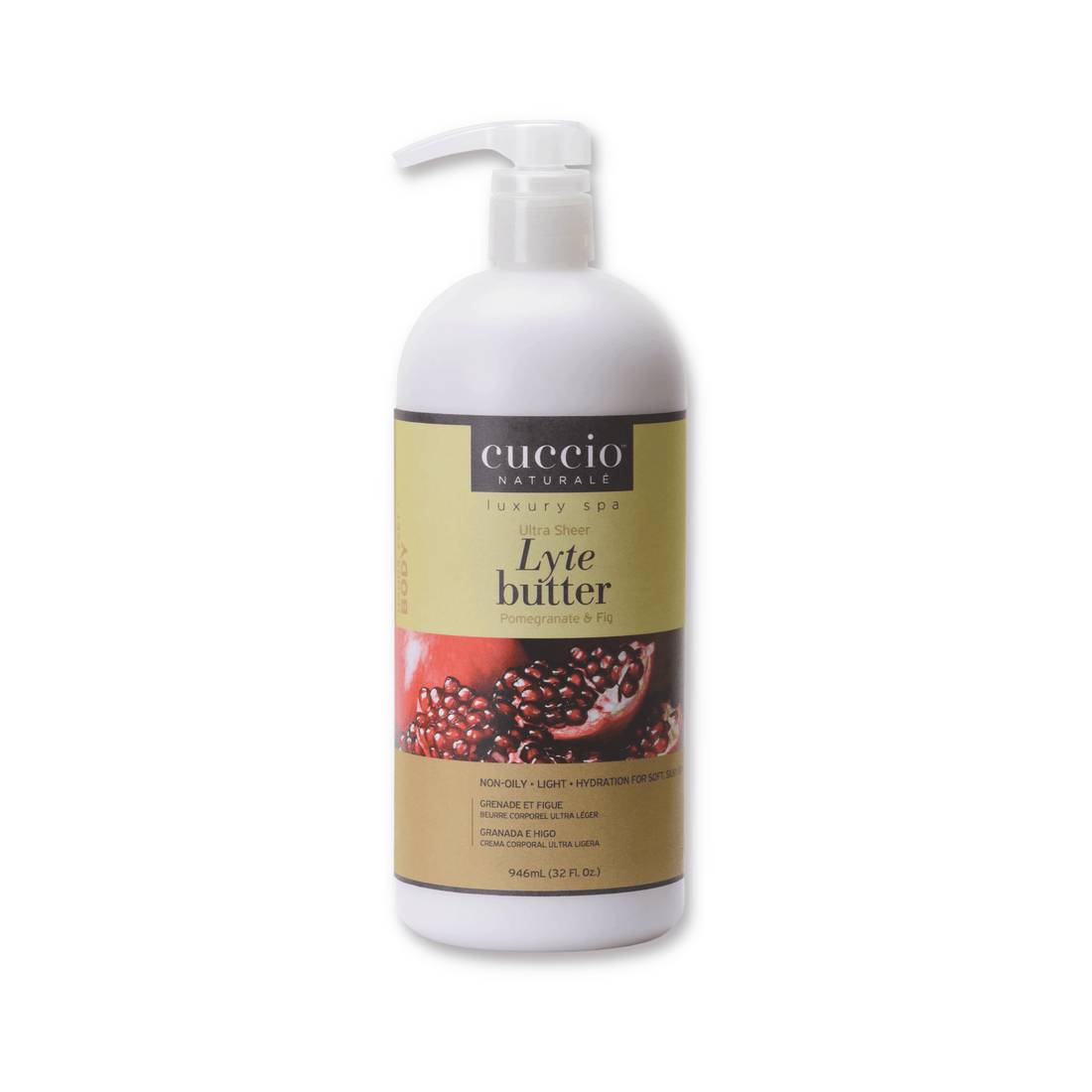 Cuccio Naturalé Lyte Butter Lotion with pomegranate and fig, featuring a creamy moisturizer in a pump bottle.
