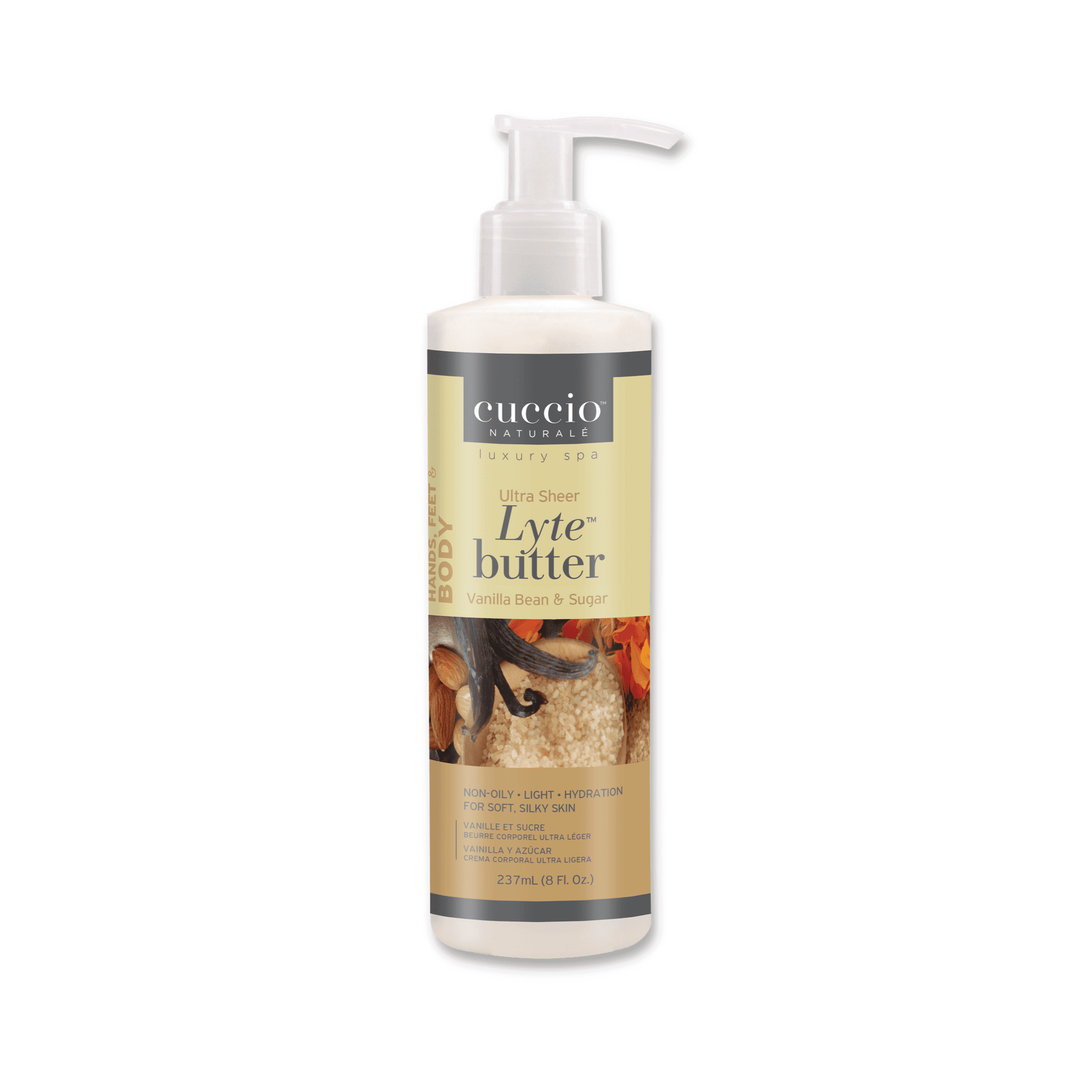 Cuccio Naturalé Lyte Butter Lotion in Vanilla Bean & Sugar scent, creamy moisturizer with a smooth texture and vanilla scent.