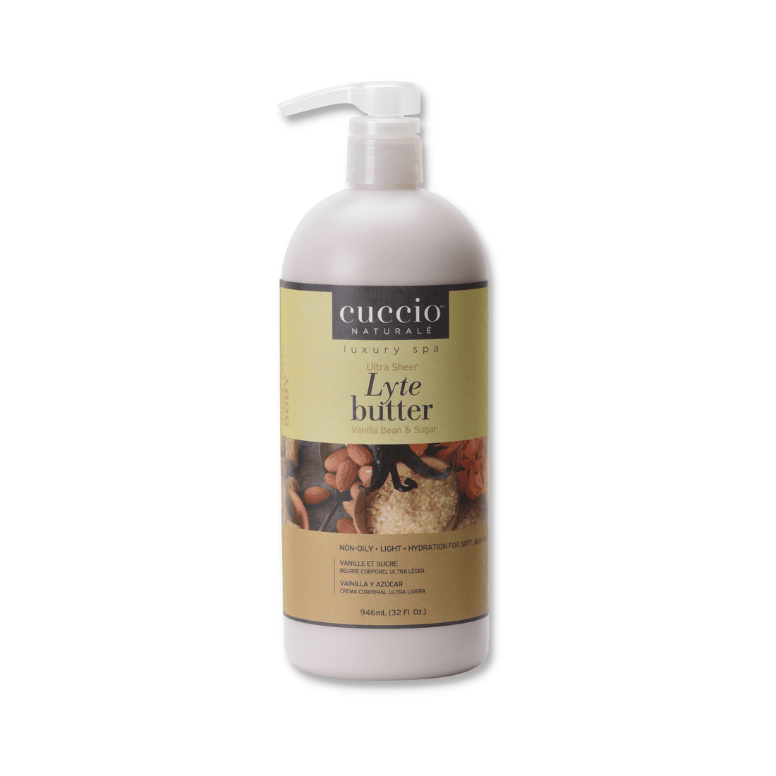 Cuccio Naturalé Lyte Butter Lotion in Vanilla Bean & Sugar scent, creamy moisturizer with a smooth texture and vanilla scent.